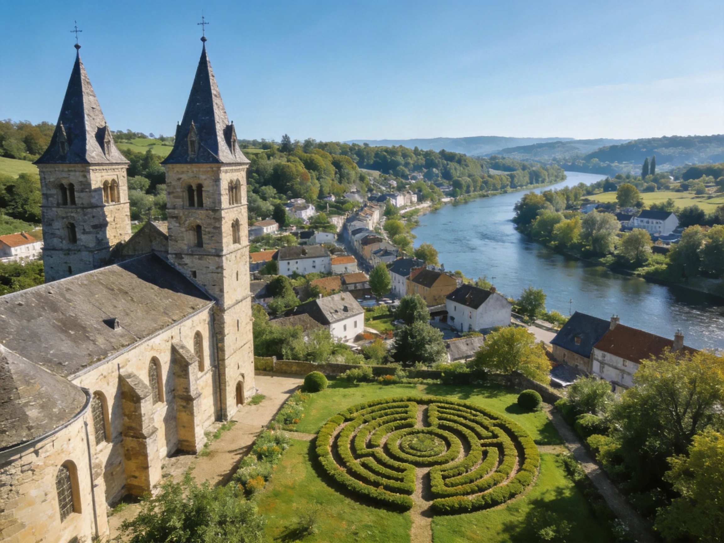 A historic stone church with twin towers overlooks a winding river and village