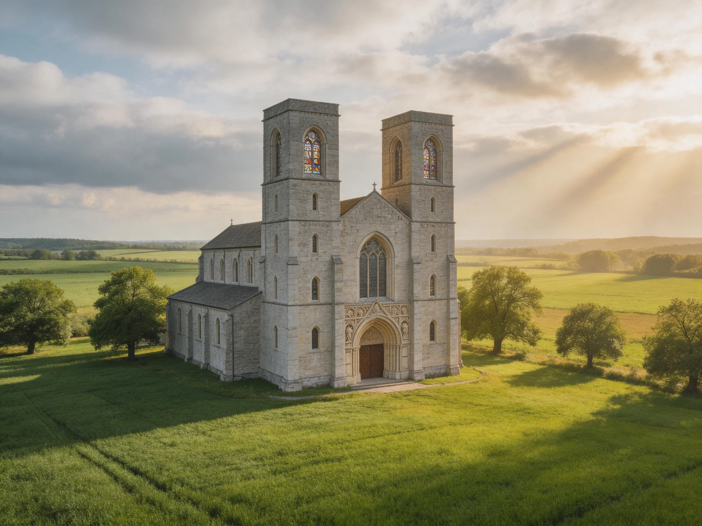 A historic stone church with twin towers sits amid lush green fields under golden sunlight