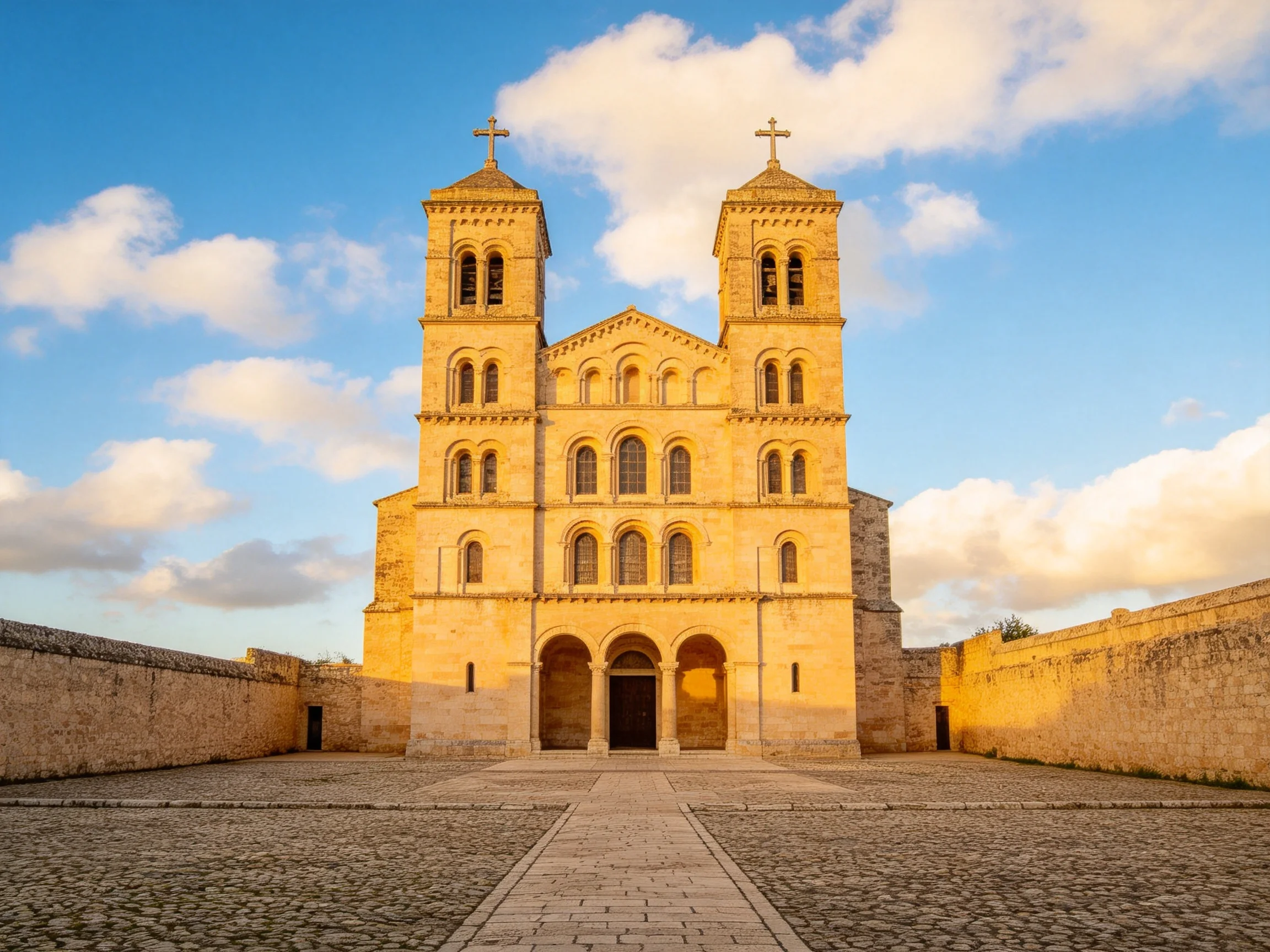 A historic stone church with twin towers under a bright blue sky