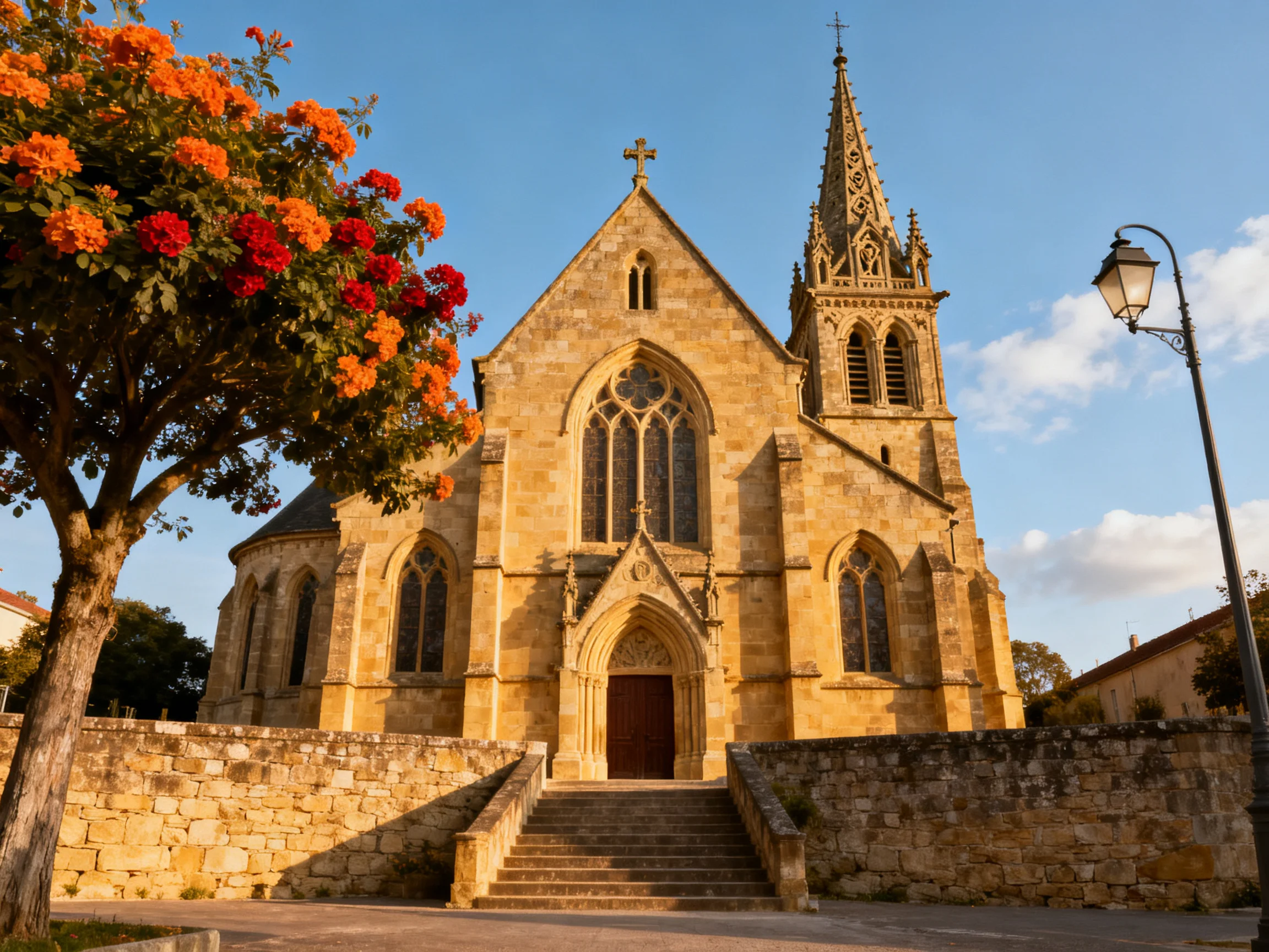A historic stone church with vibrant flower tree and tall spire