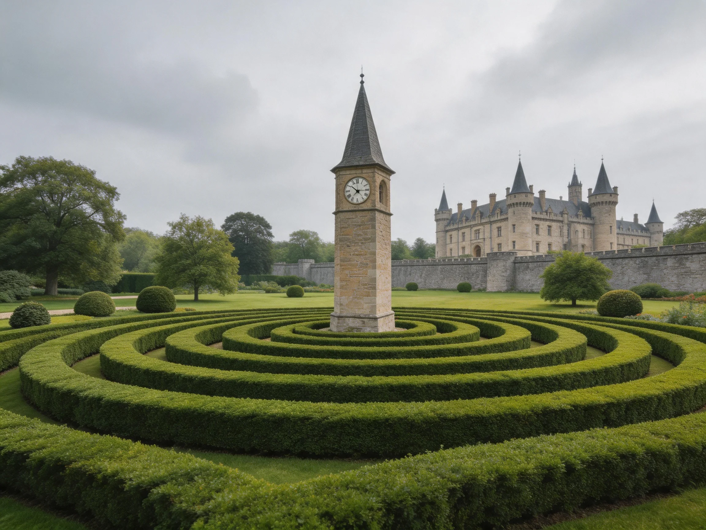 A historic stone clock tower in a circular hedge maze near an old castle