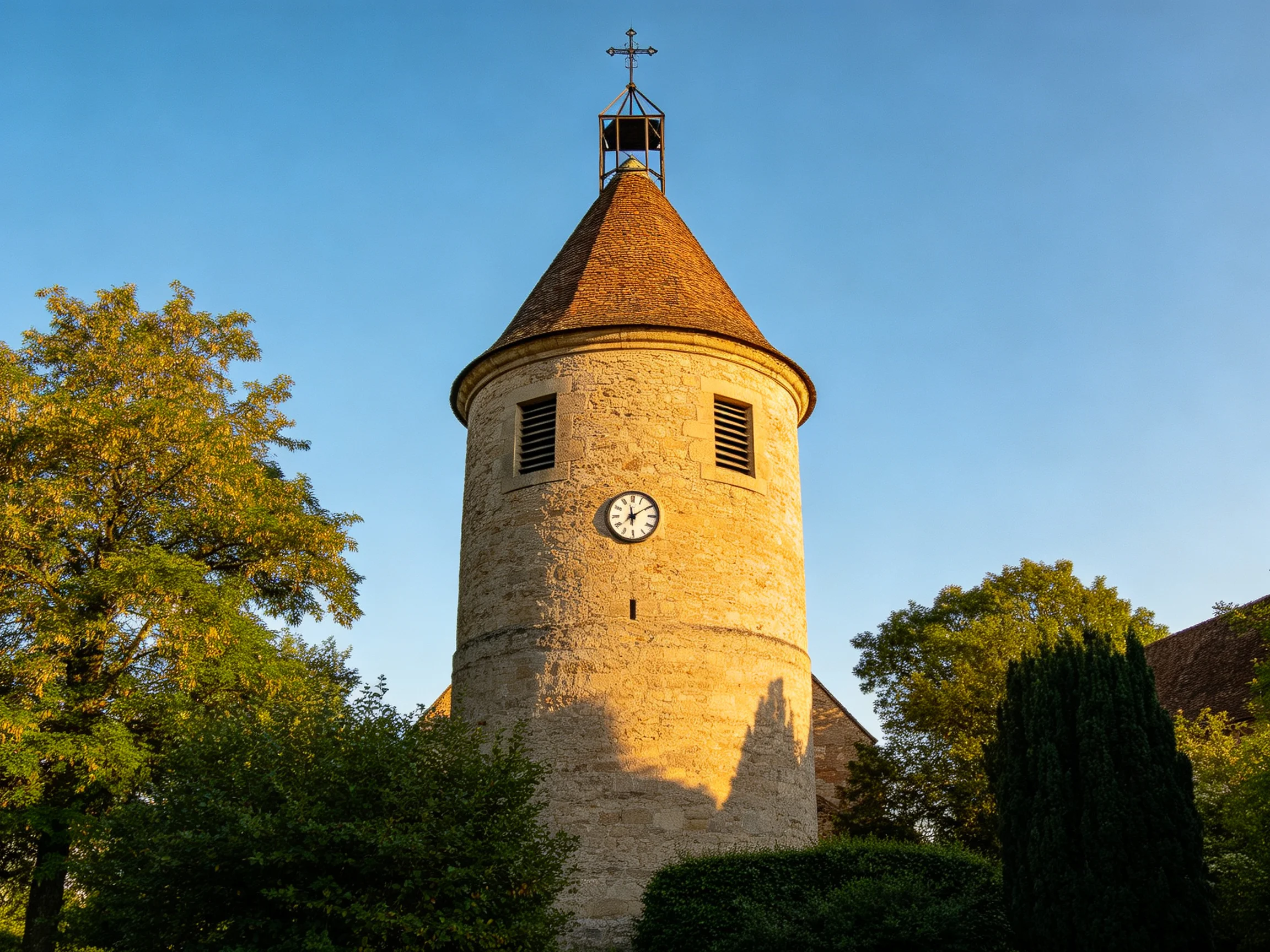 A historic stone clock tower with a conical roof near lush greenery