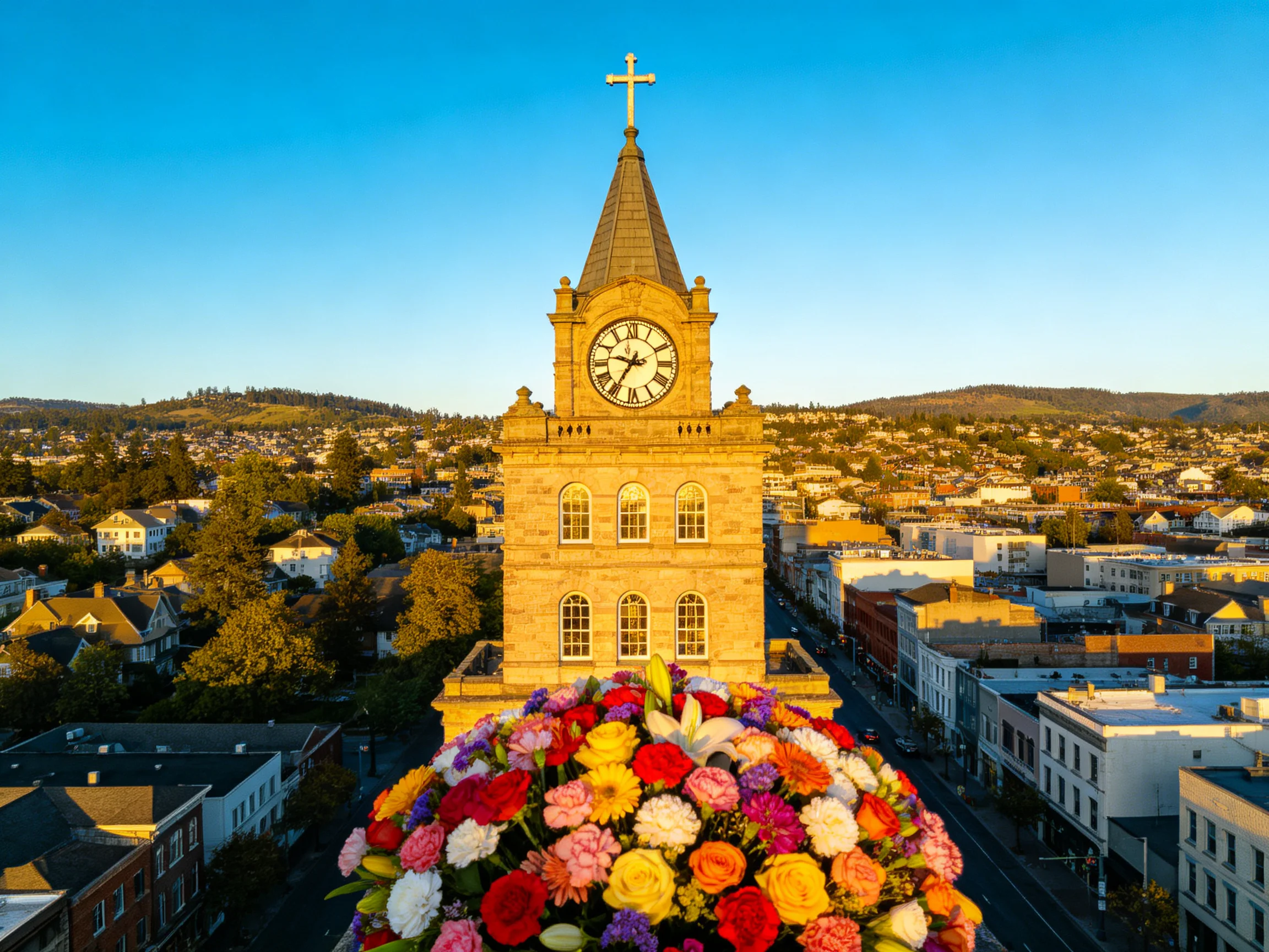 A historic stone clock tower with a large colorful flower display overlooks a town.