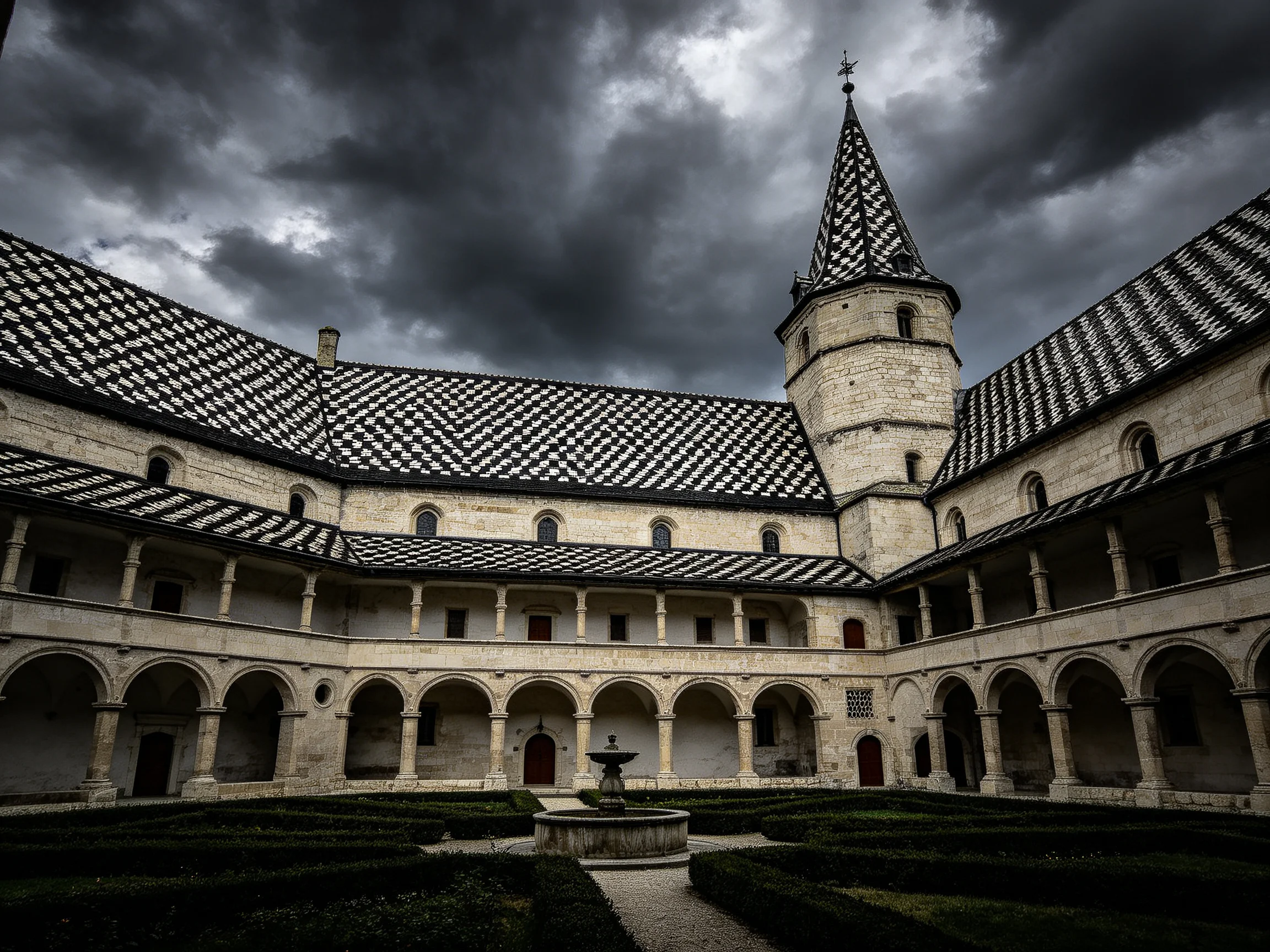 A historic stone cloister courtyard with checkered roofs under stormy skies