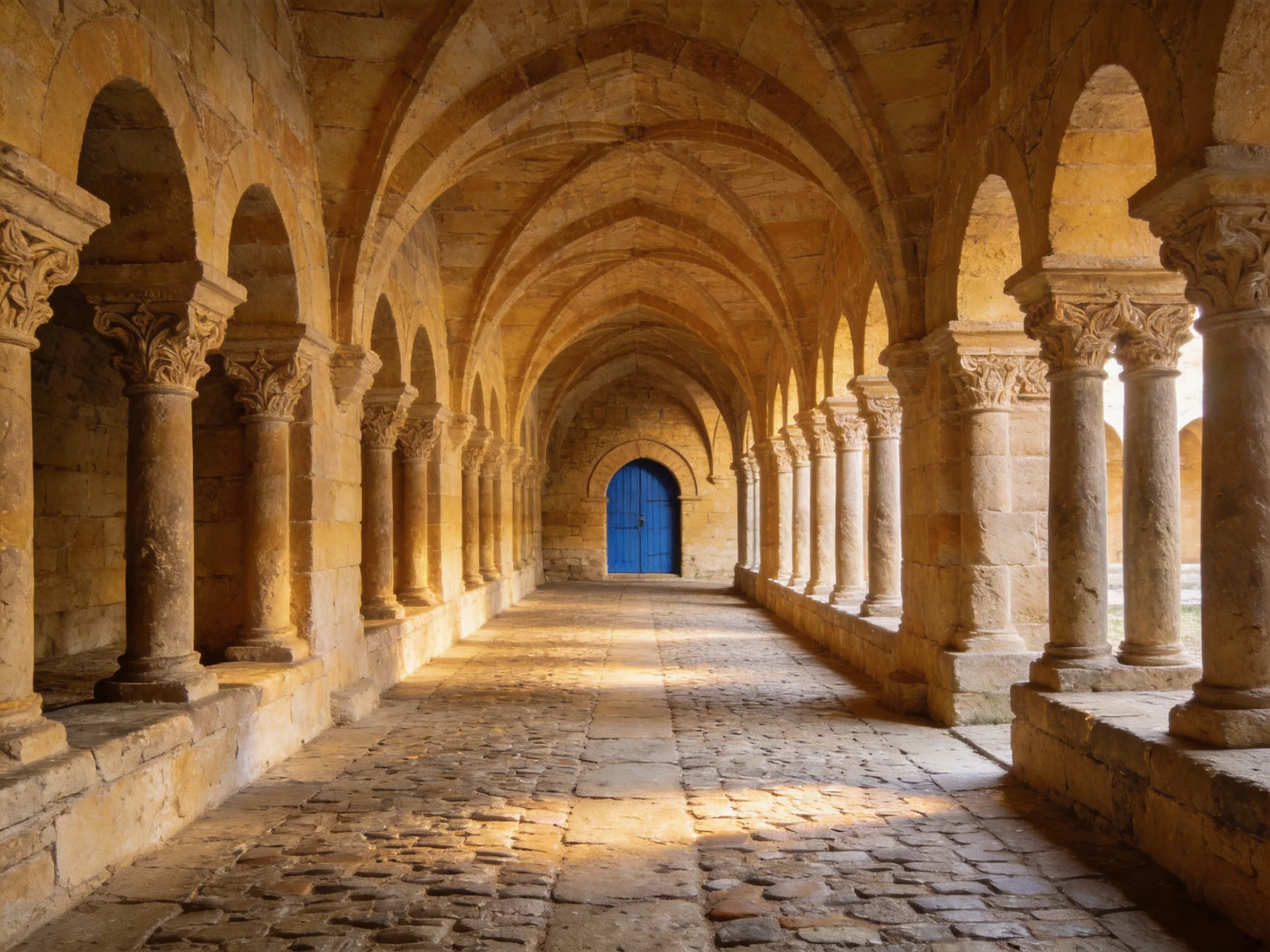 A historic stone corridor with arched ceilings and a vivid blue door