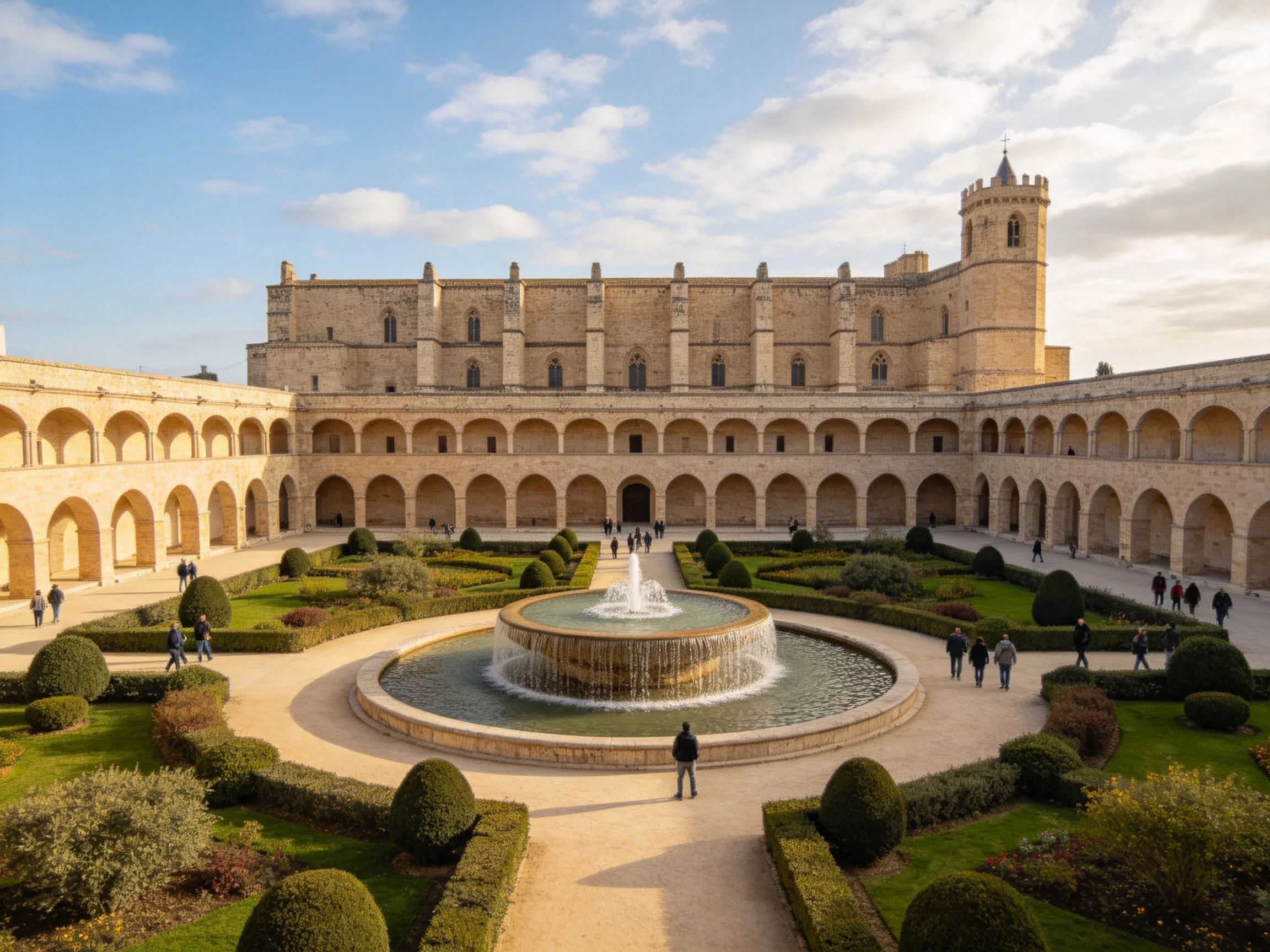 A historic stone courtyard with arched colonnades and central fountain