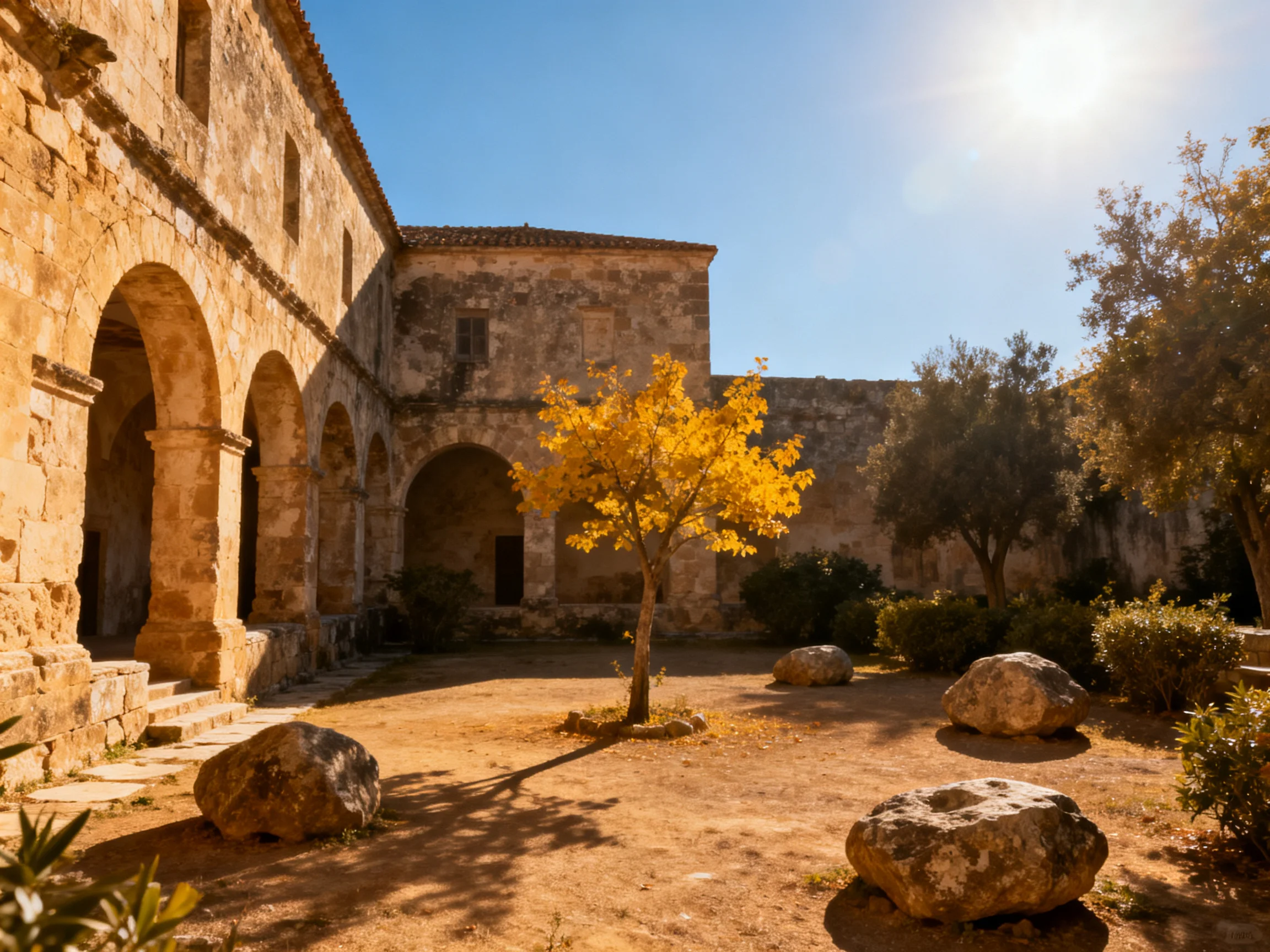 A historic stone courtyard with golden foliage and large boulders