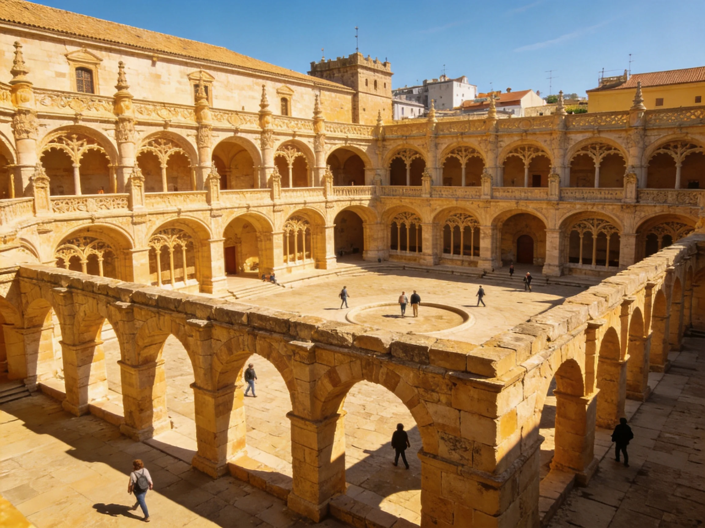 A historic stone courtyard with ornate arches and two levels