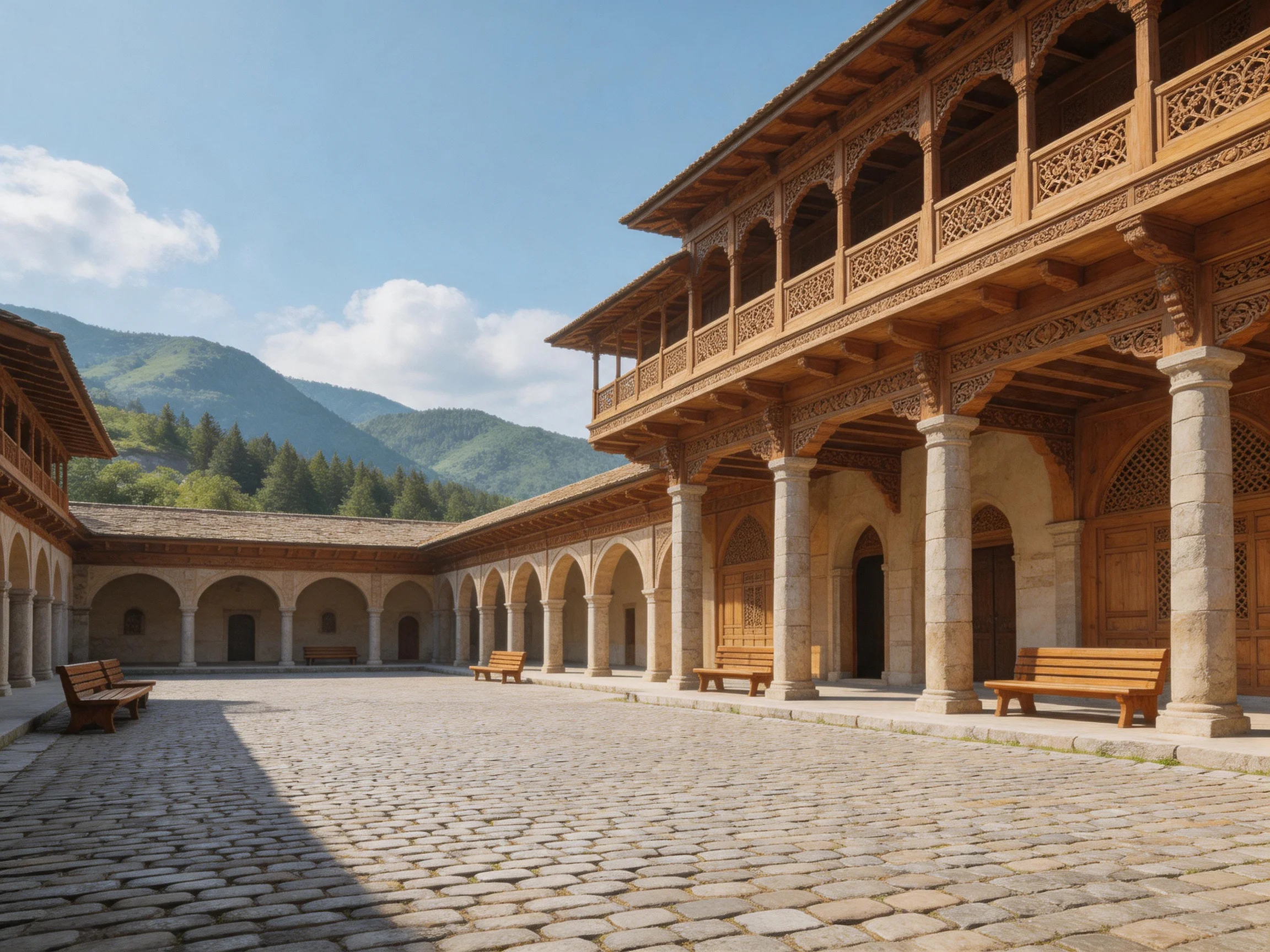 A historic stone courtyard with ornate wooden balconies near green mountains