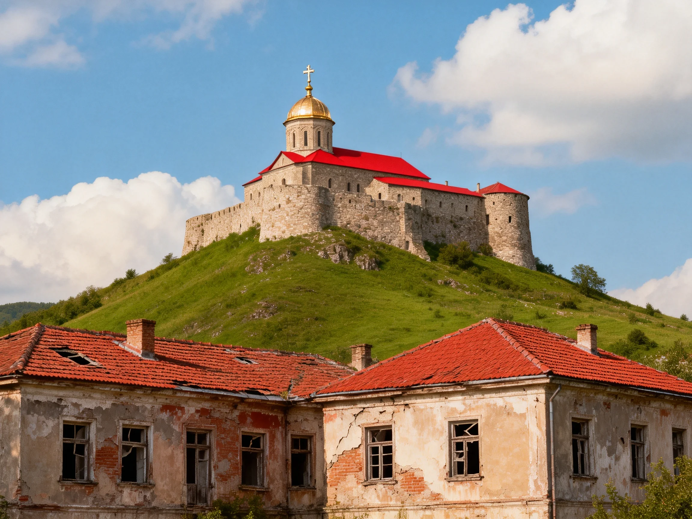 A historic stone fortress with golden dome atop a green hill near weathered buildings