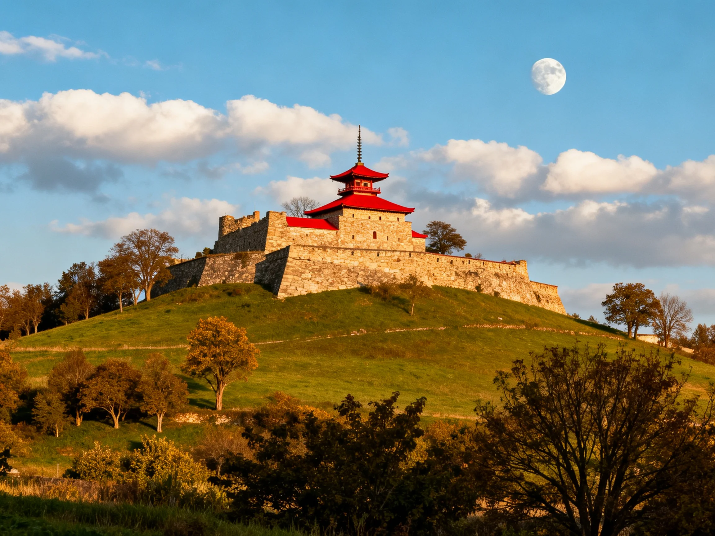 A historic stone fortress with red roofs atop a green hill under a clear sky
