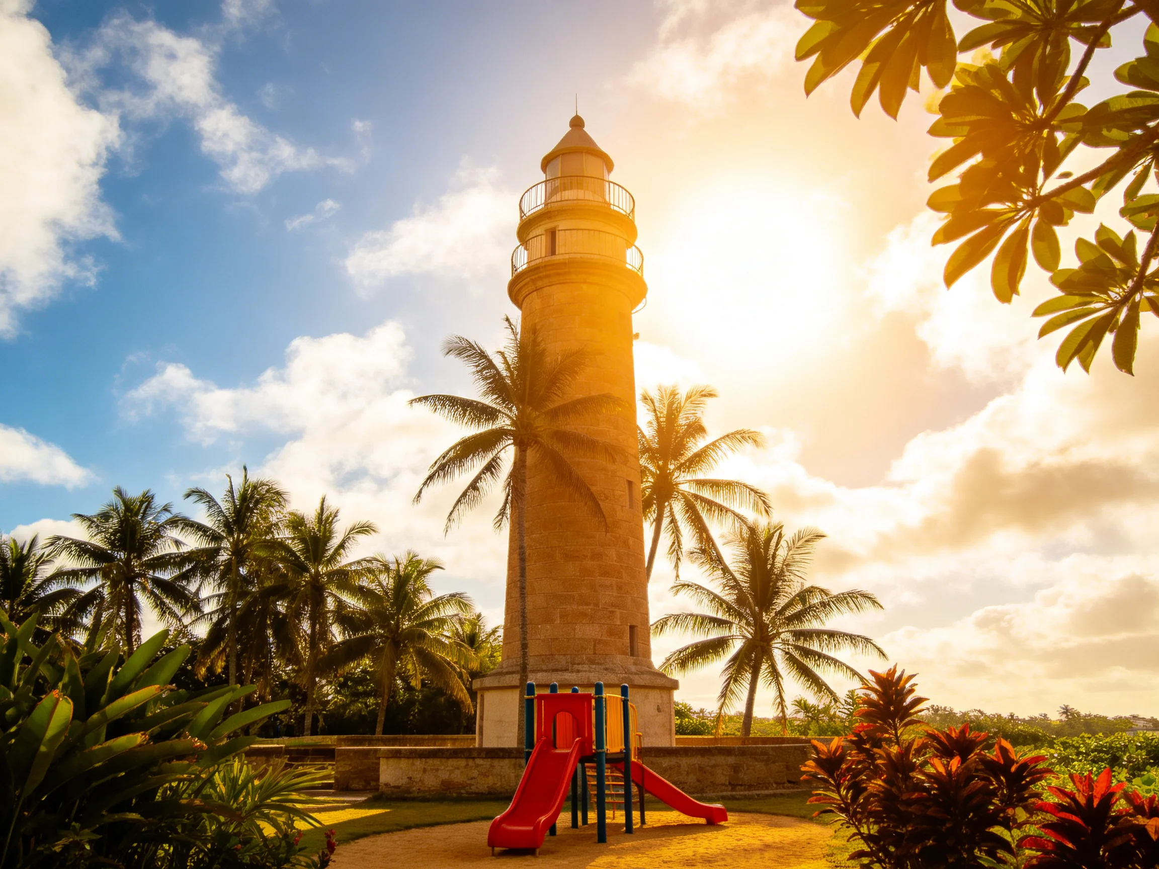 A historic stone lighthouse with red slides near tropical palms under golden sunlight