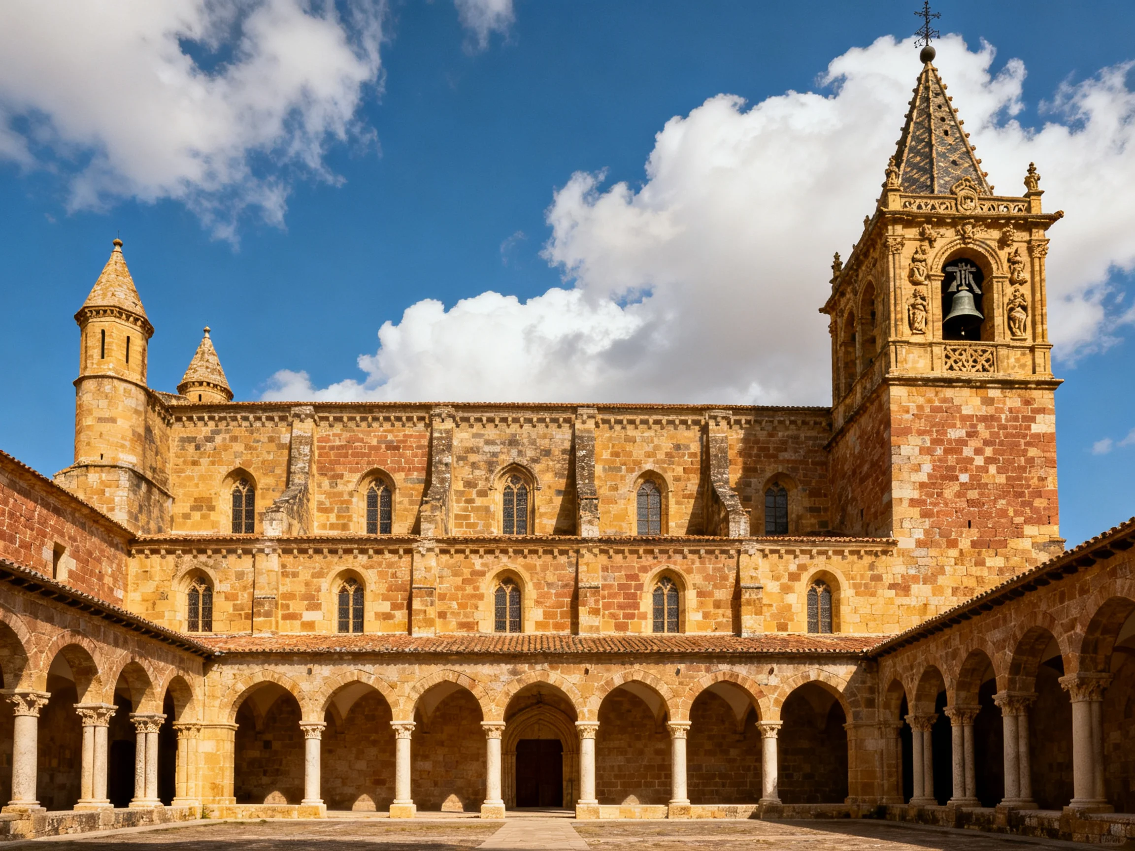 A historic stone monastery with arched courtyards and ornate towers