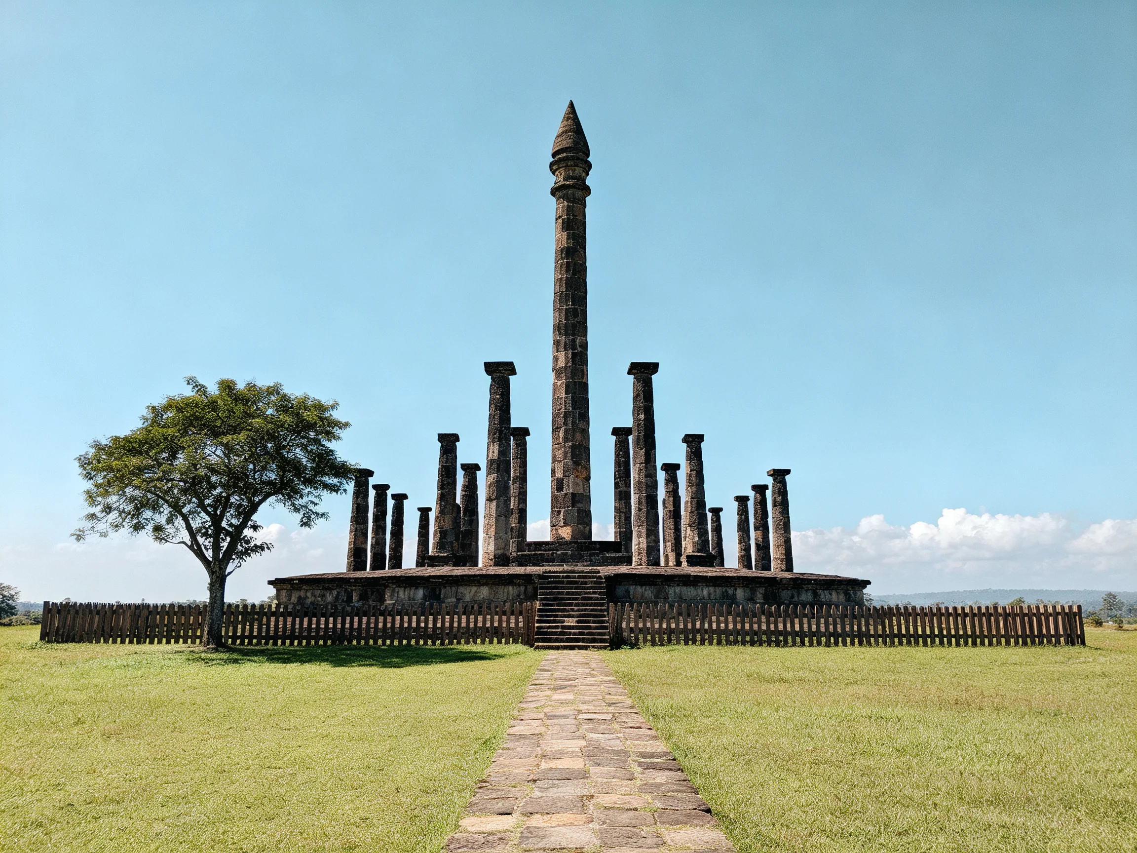A historic stone monument with twelve columns on a grassy field
