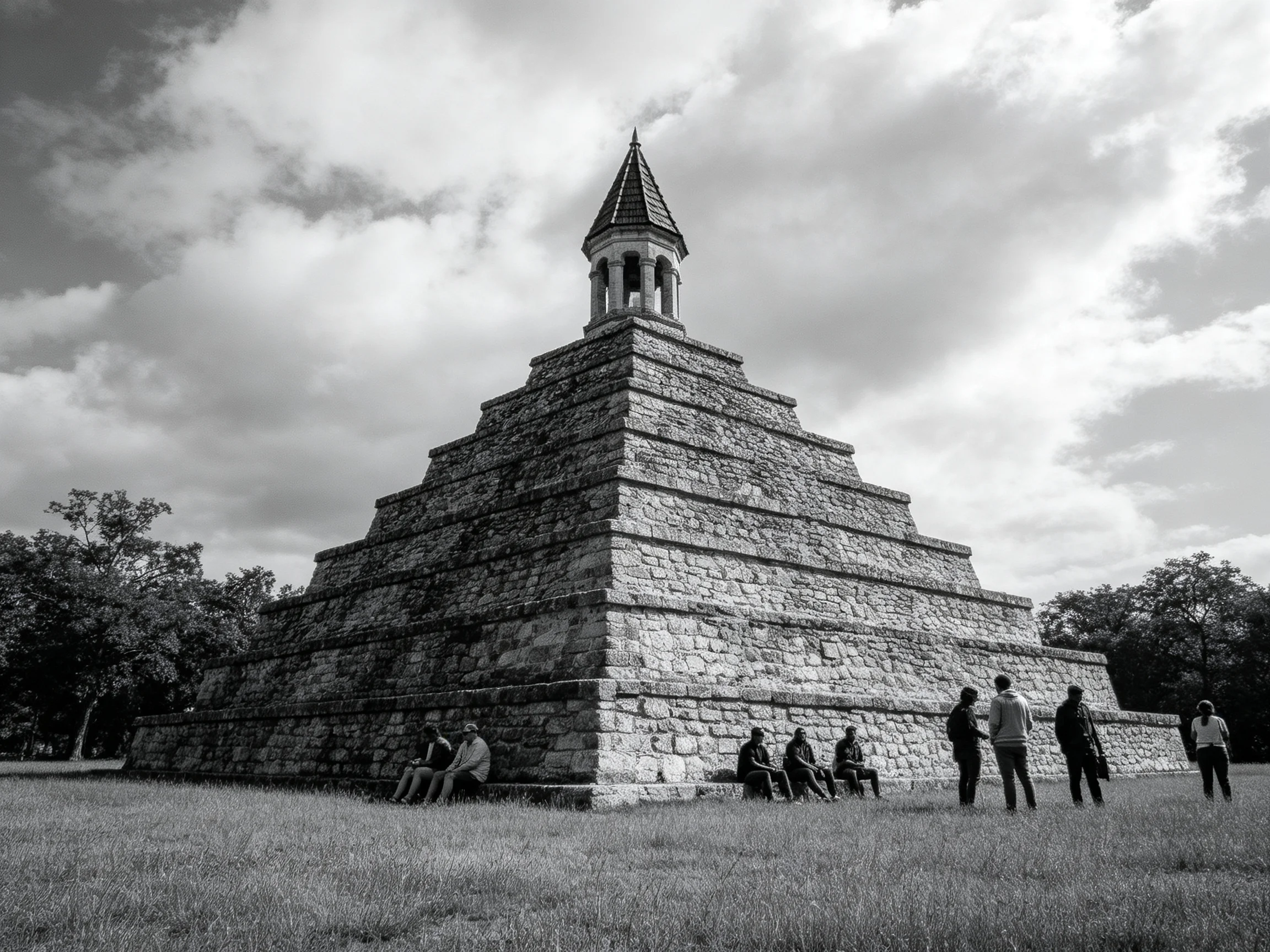 A historic stone pyramid structure with visitors under cloudy sky