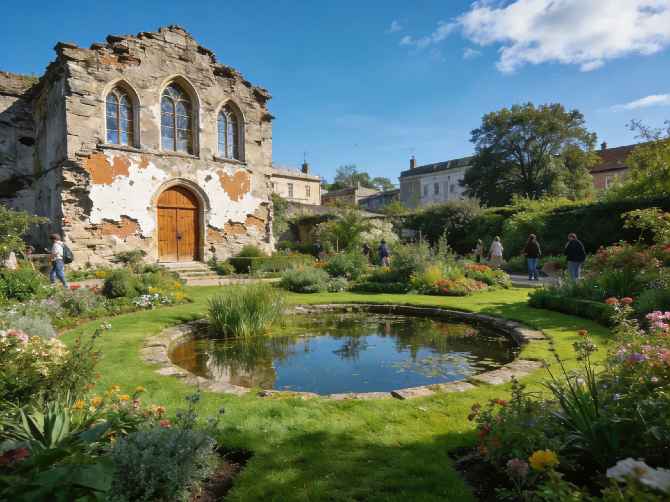 A historic stone ruin with vibrant gardens and a central pond