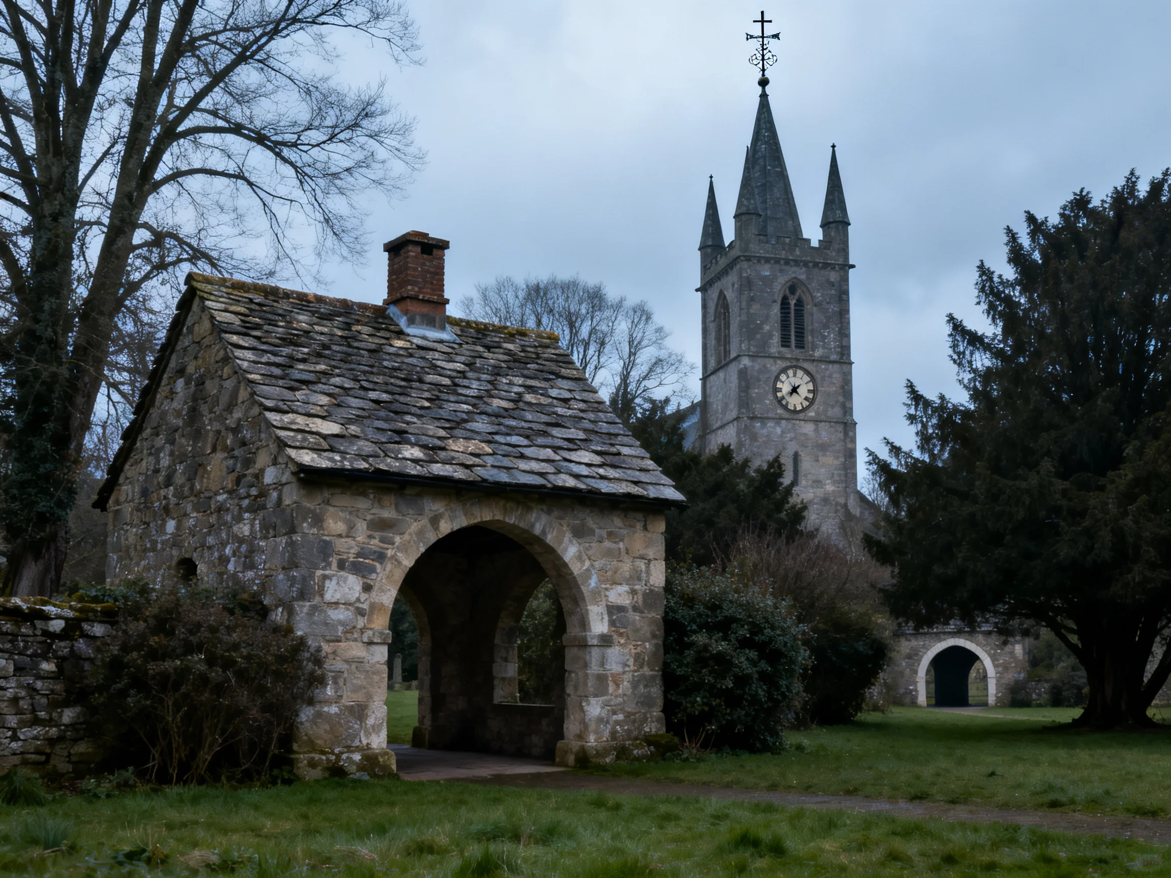 A historic stone shelter near a grand clock-towered church with surrounding greenery