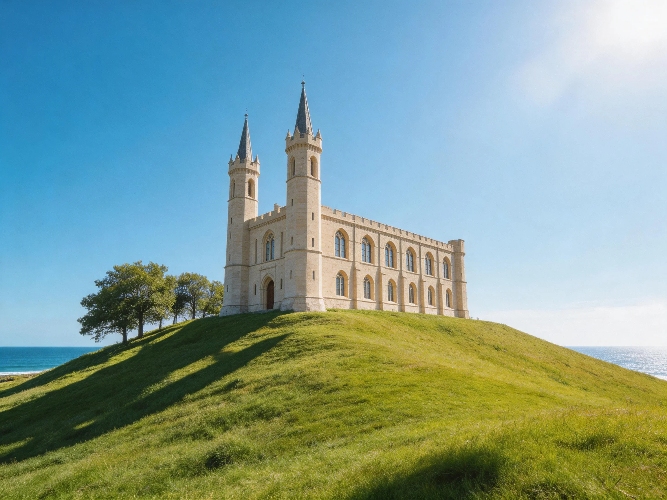 A historic stone structure atop a grassy coastal hill