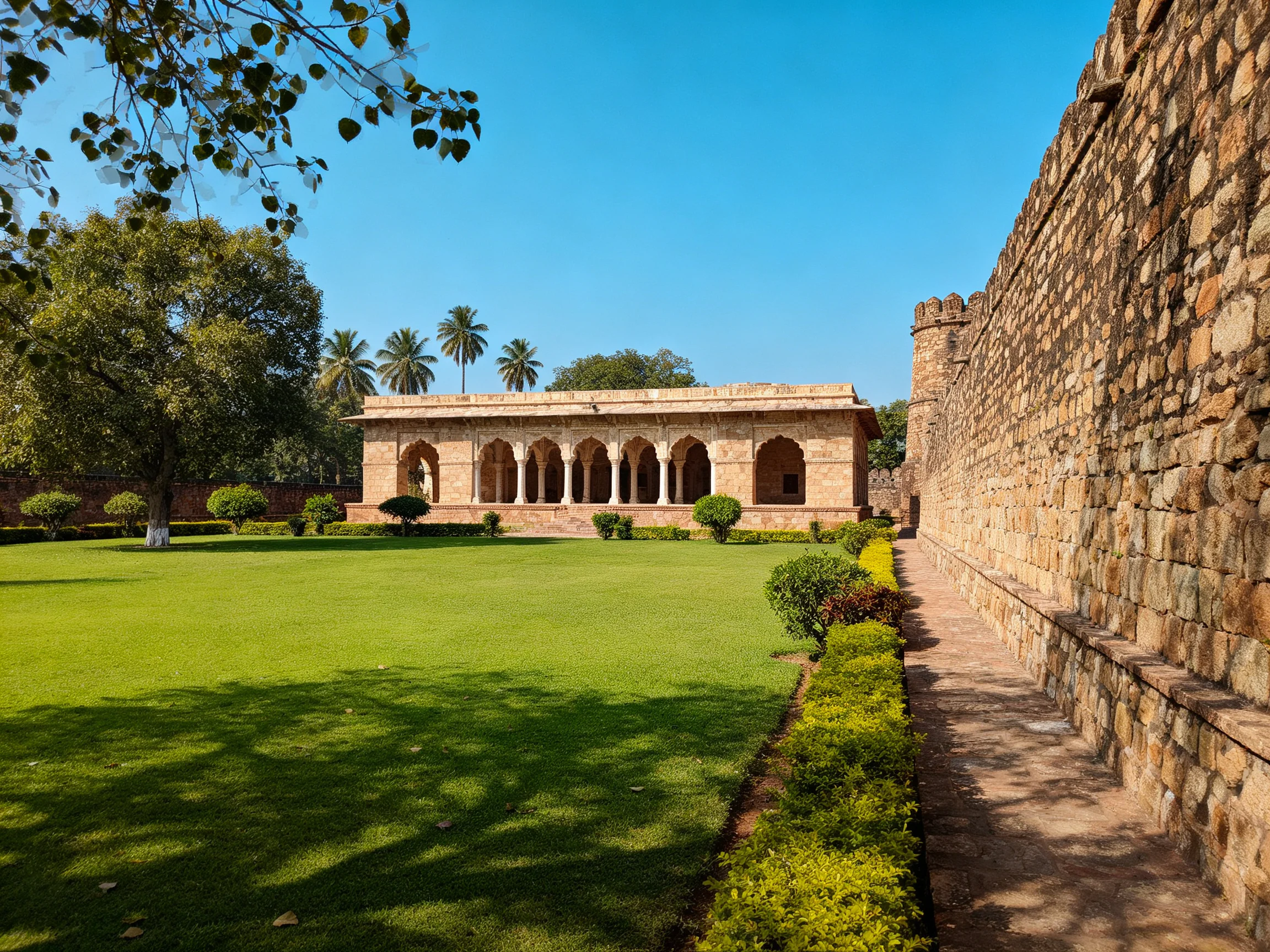 A historic stone structure beside ancient walls with lush greenery