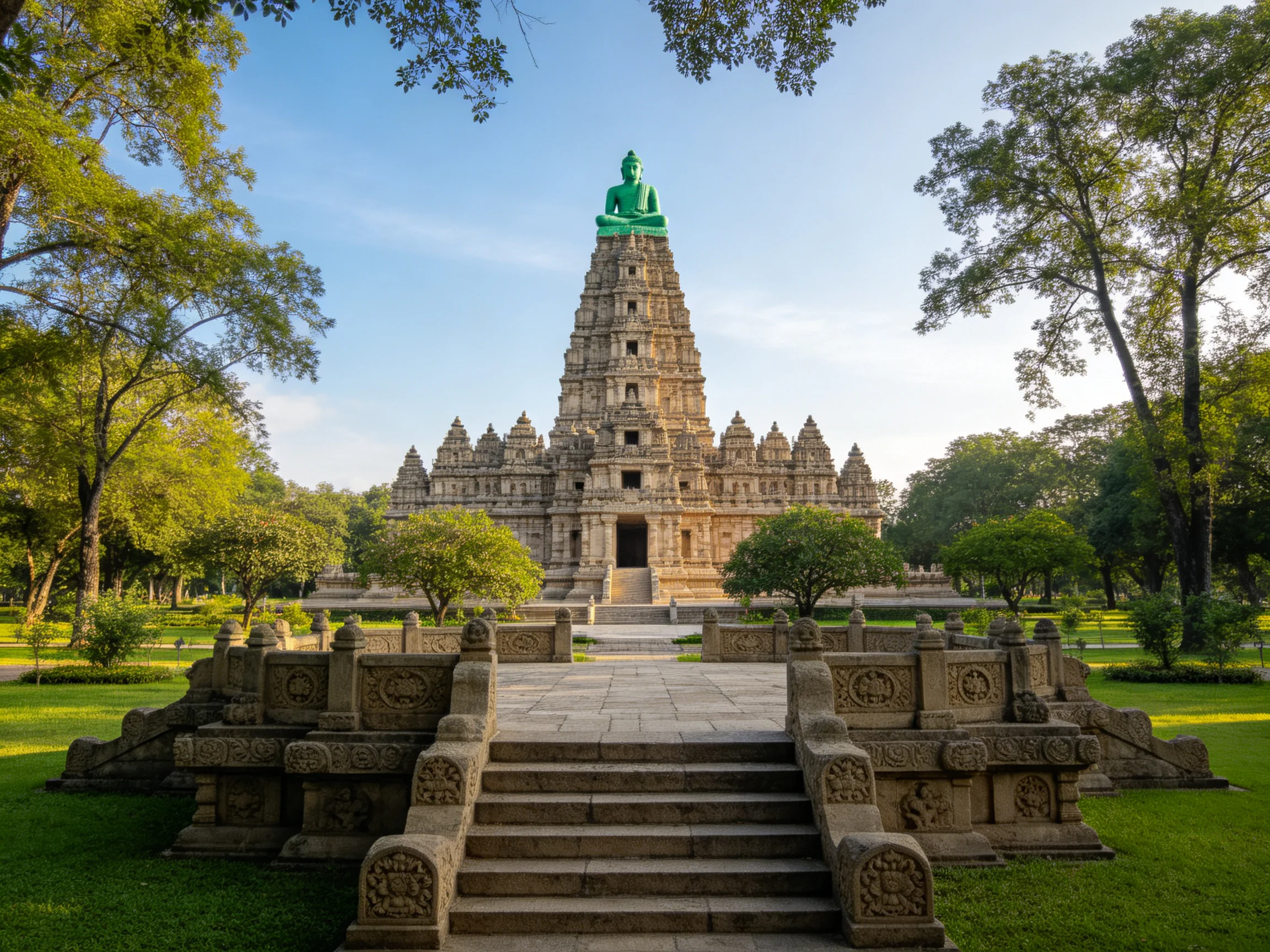 A historic stone temple with a green-topped tower amidst lush greenery