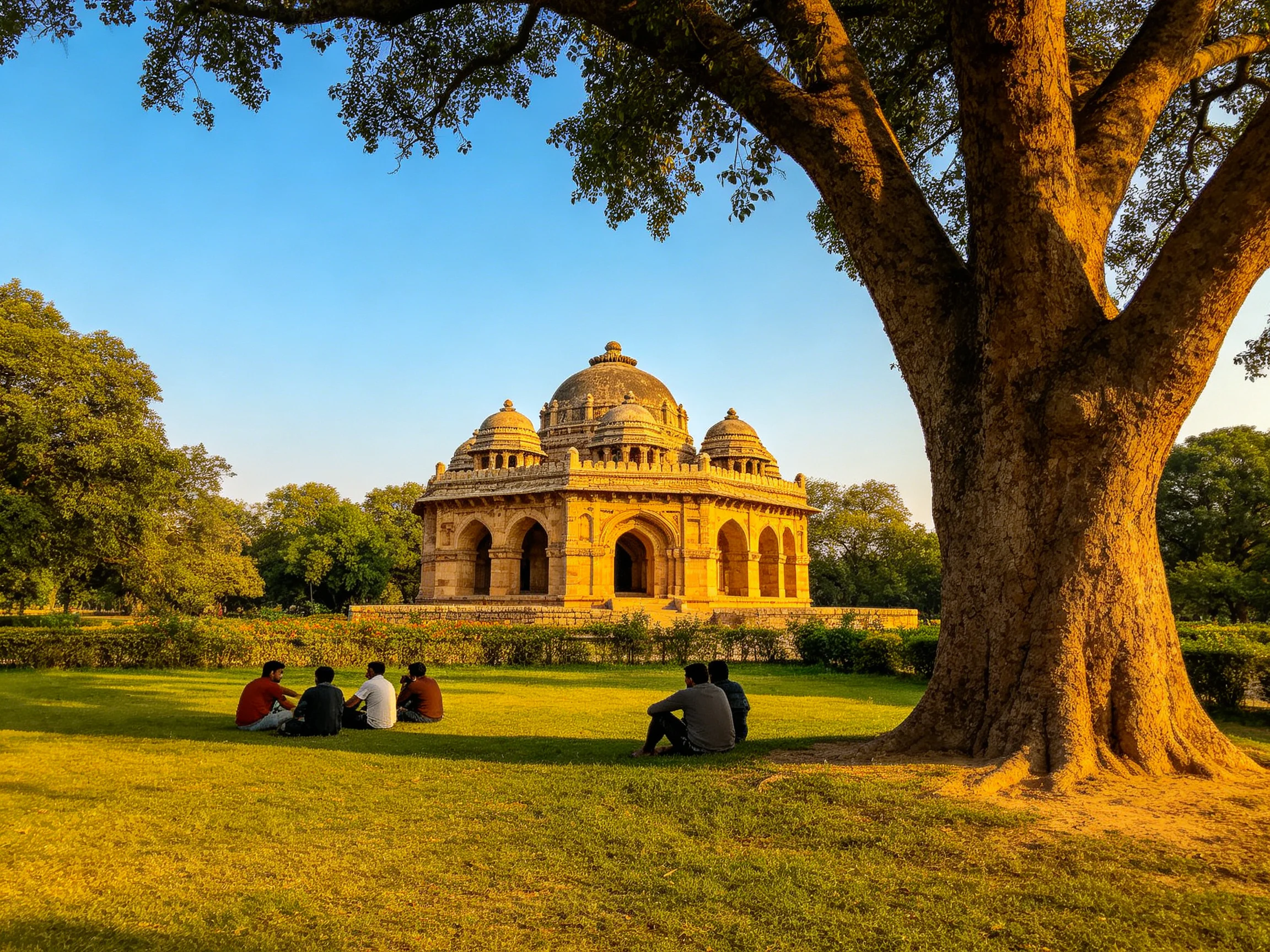 A historic stone temple with domes near a large tree and seated people
