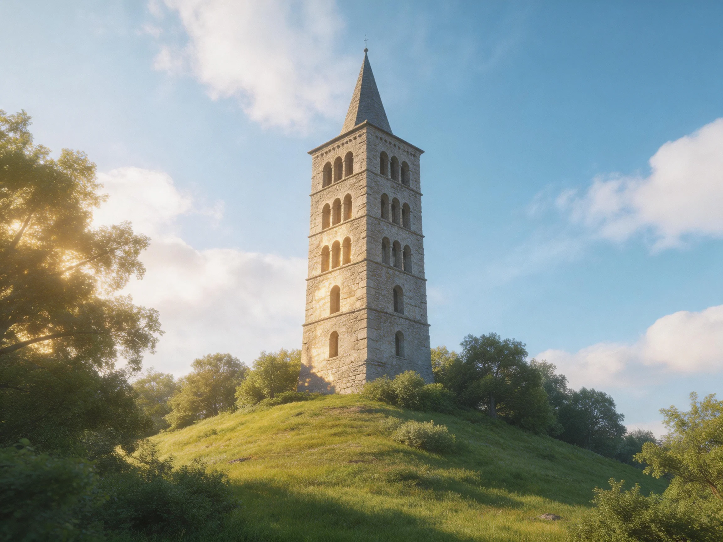 A historic stone tower atop a verdant hill under a bright sky