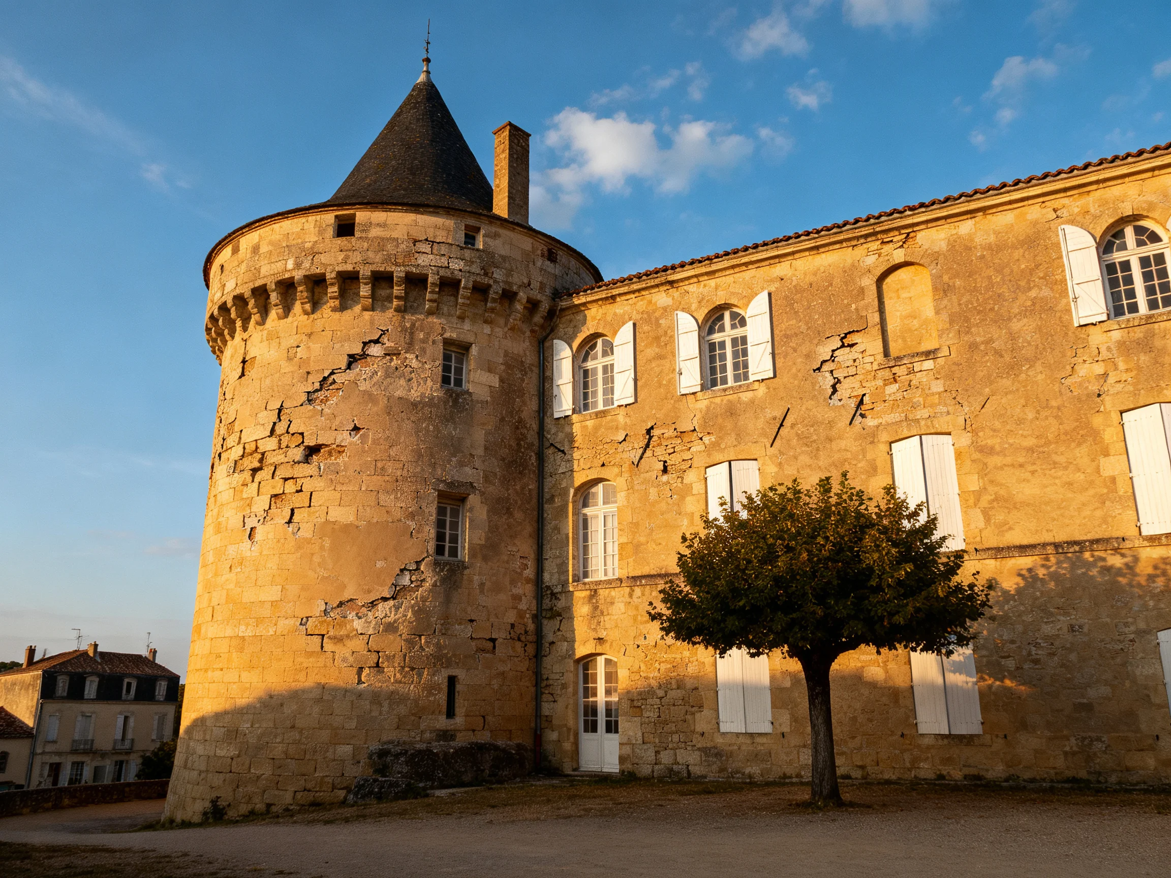 A historic stone tower beside a weathered yellow building under clear blue sky