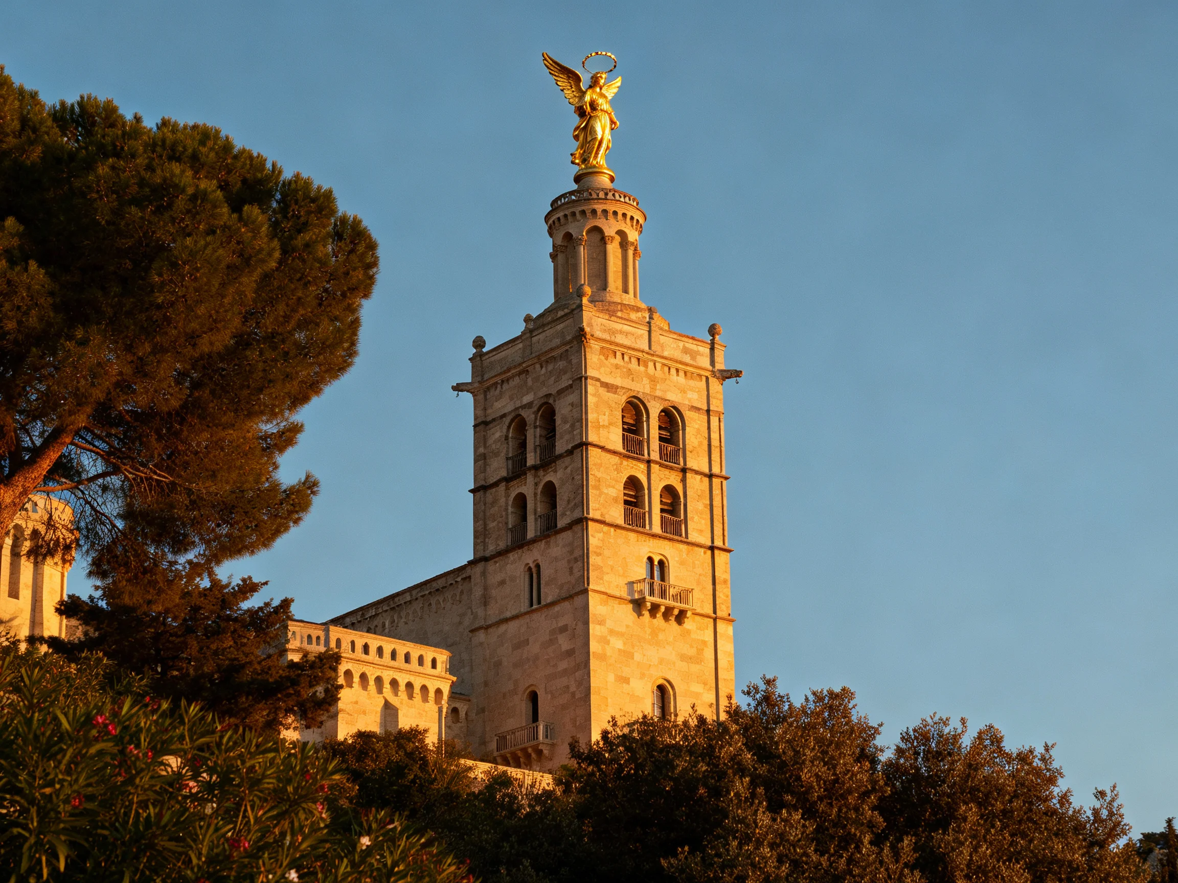 A historic stone tower crowned by a golden angel statue beside verdant trees