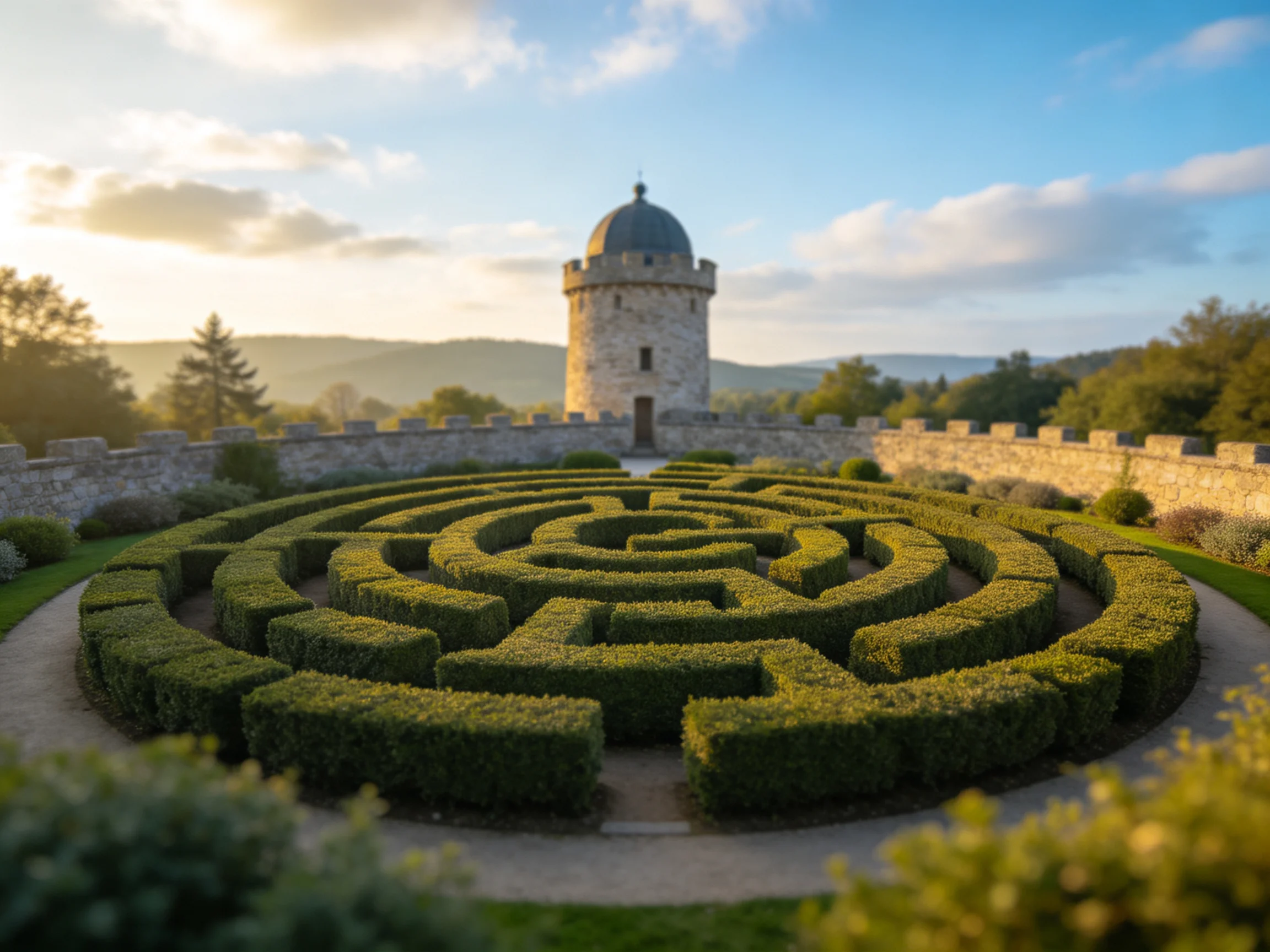 A historic stone tower overlooks a circular hedge maze in a sunlit garden