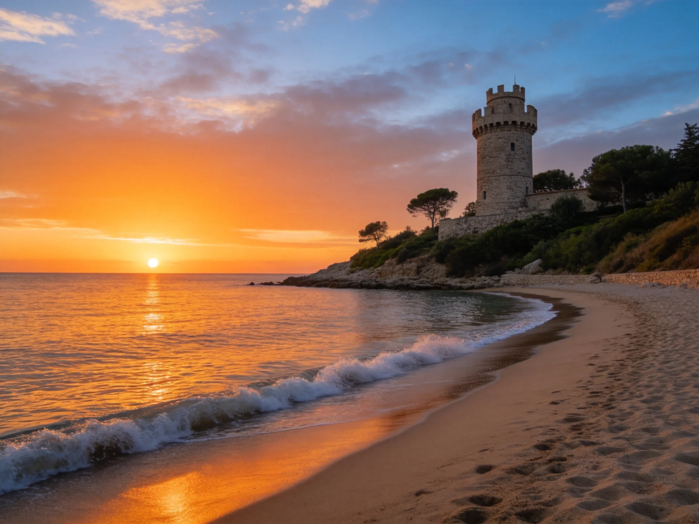 A historic stone tower overlooks a golden sandy beach at sunset
