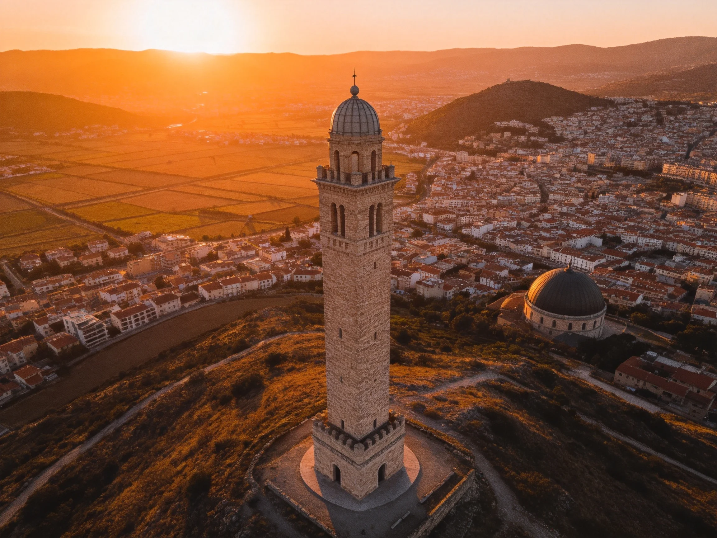 A historic stone tower overlooks a sprawling city at golden hour