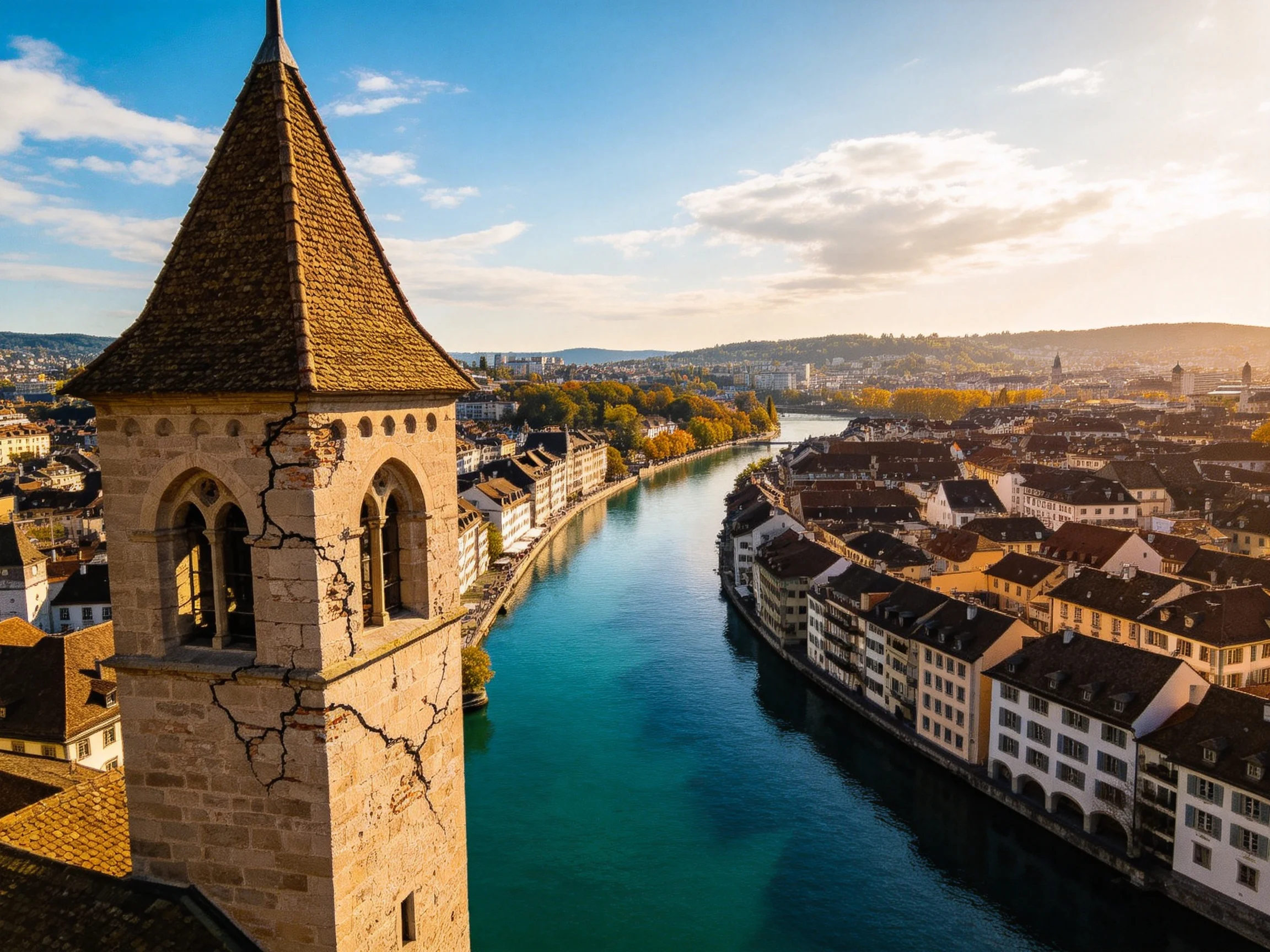 A historic stone tower overlooks a winding turquoise river through an old European city