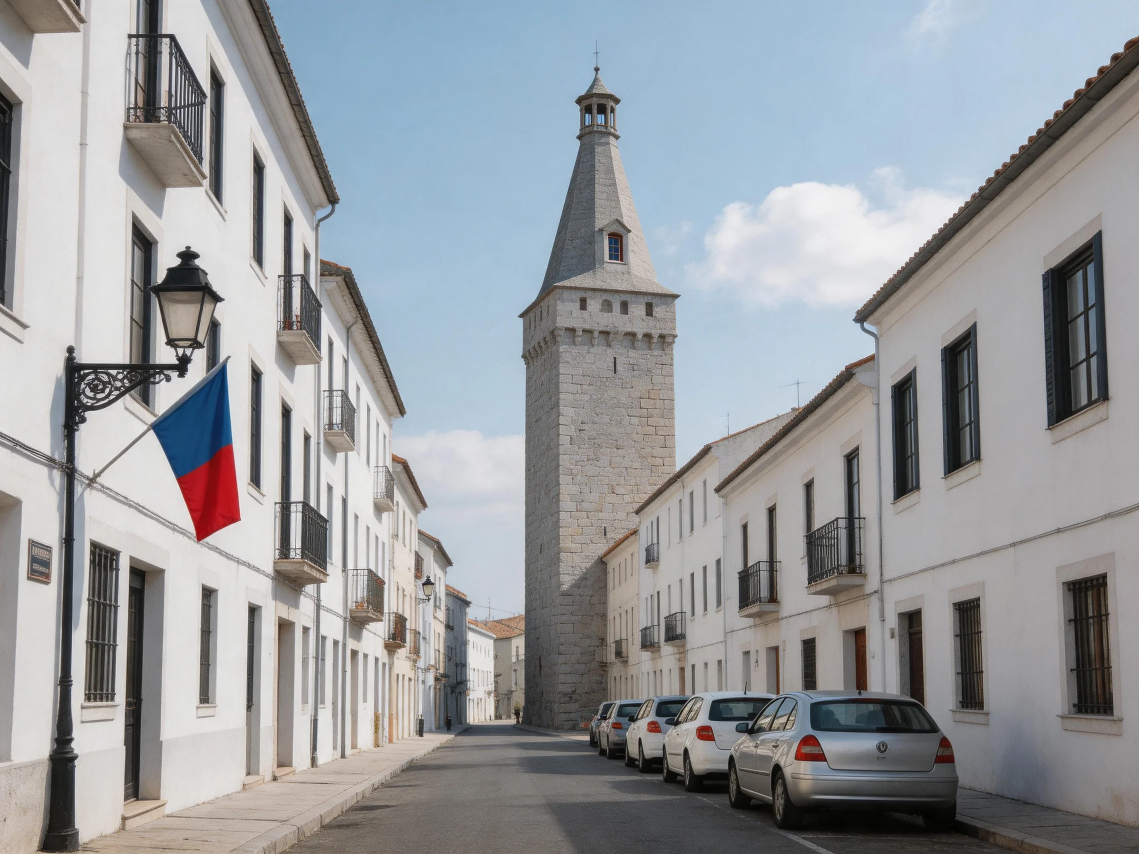 A historic stone tower rises between white buildings and parked cars