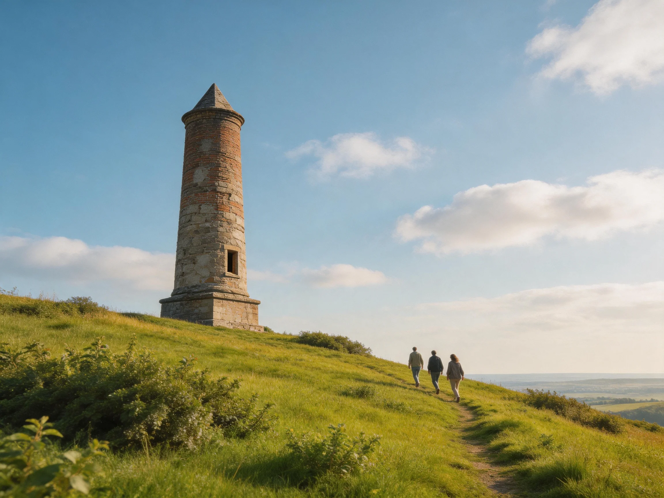 A historic stone tower stands atop a lush green hillside