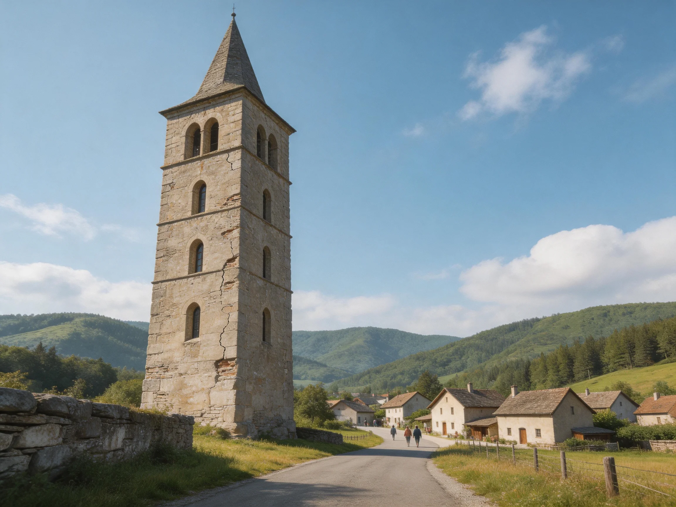 A historic stone tower stands beside a quaint village with rolling green hills