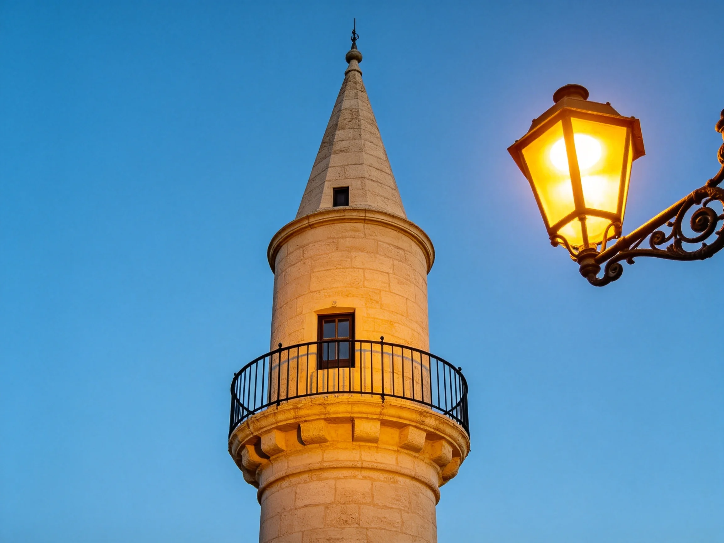 A historic stone tower with a glowing streetlamp against clear blue sky