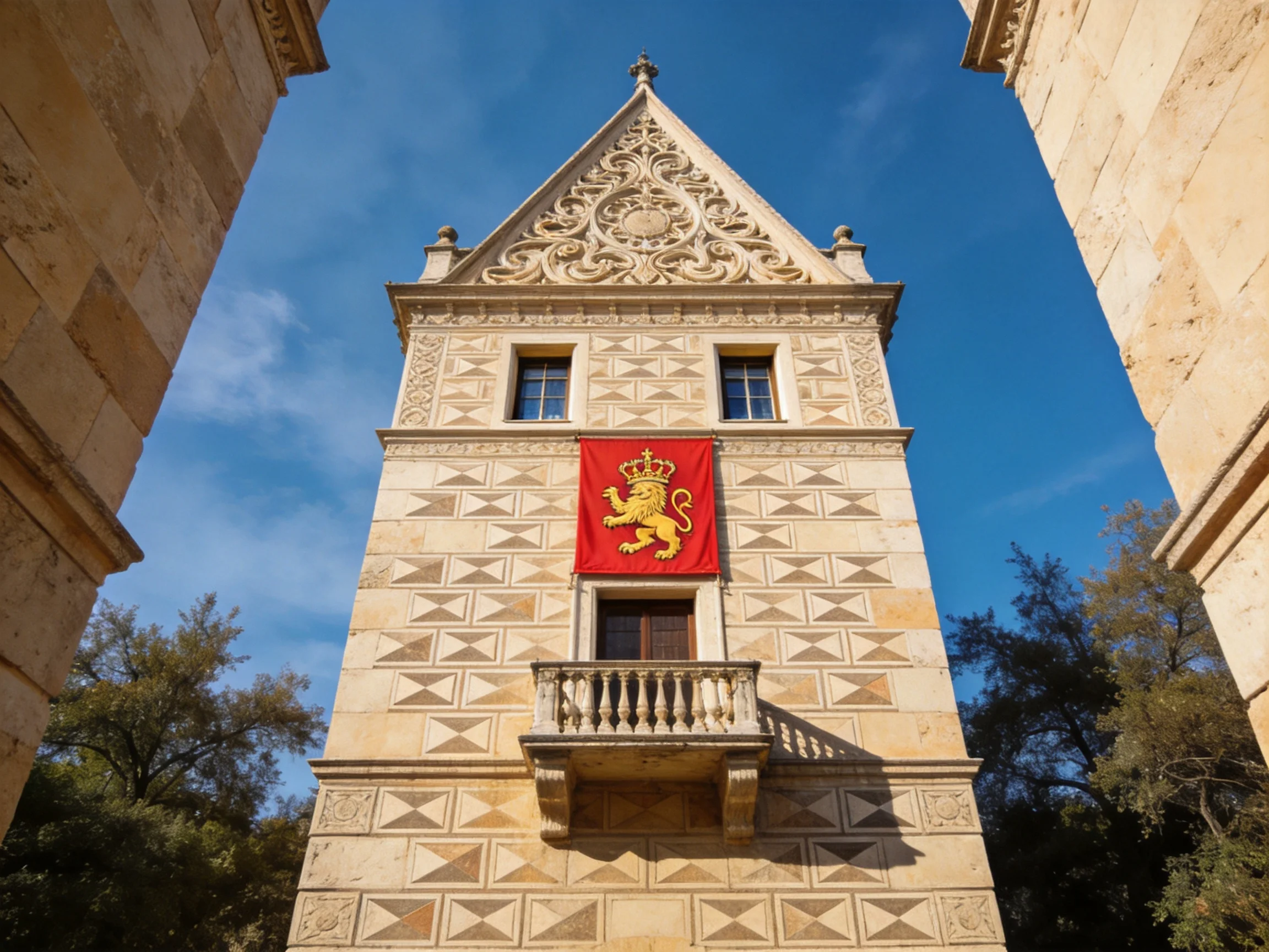 A historic stone tower with a red lion banner beneath blue sky