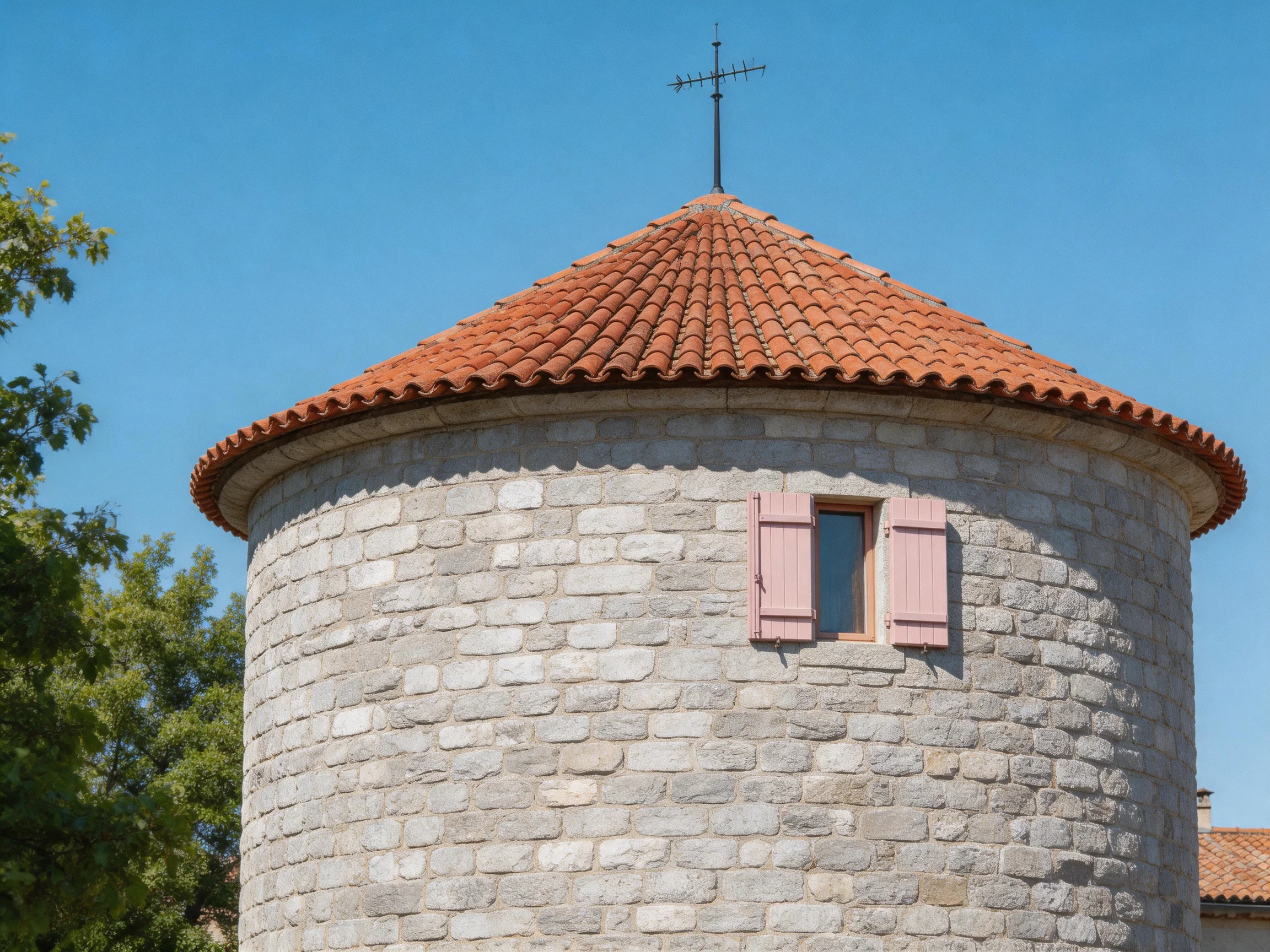 A historic stone tower with terracotta roof and pink window shutters