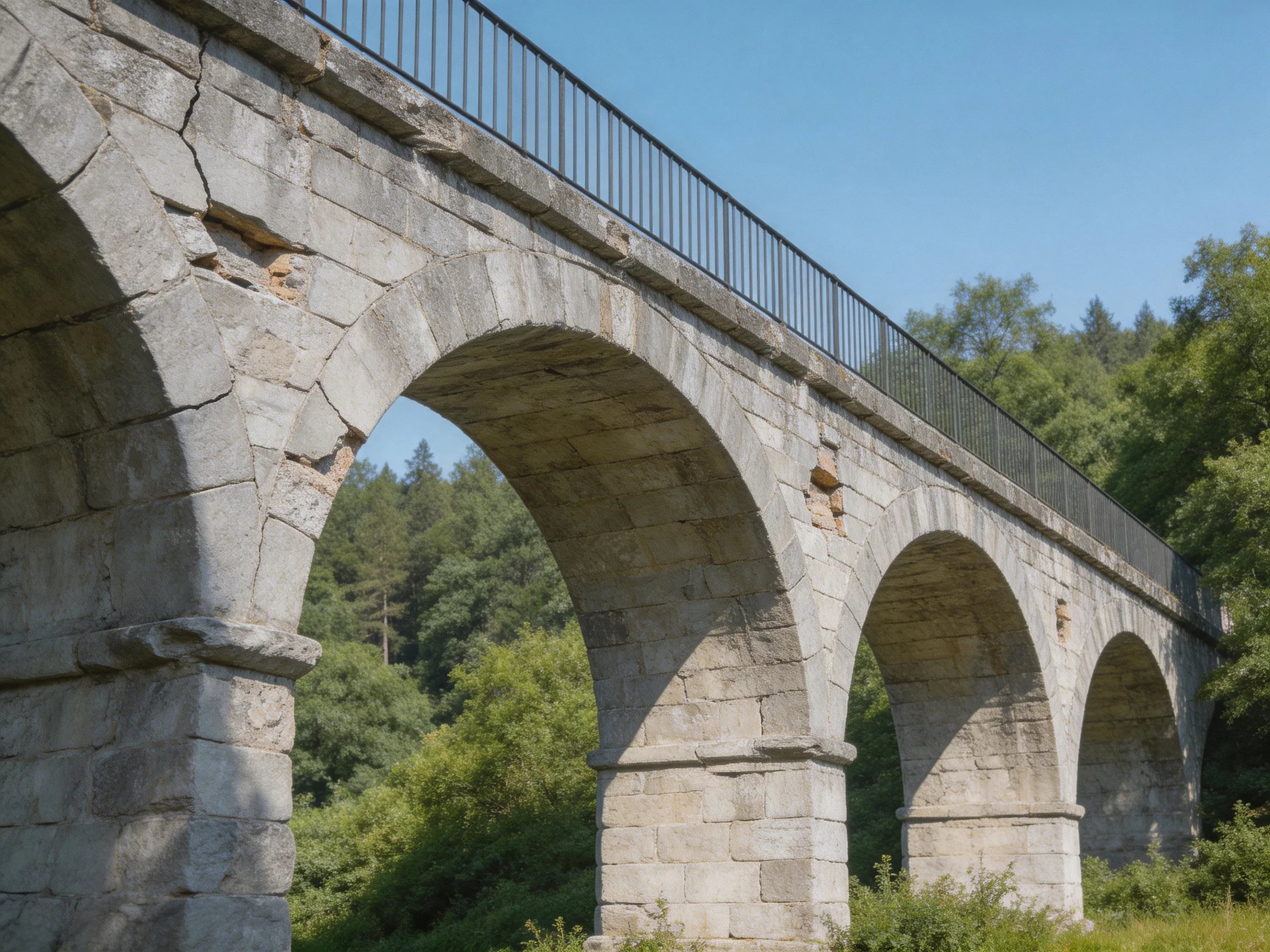 A historic stone viaduct with four arches near dense forests