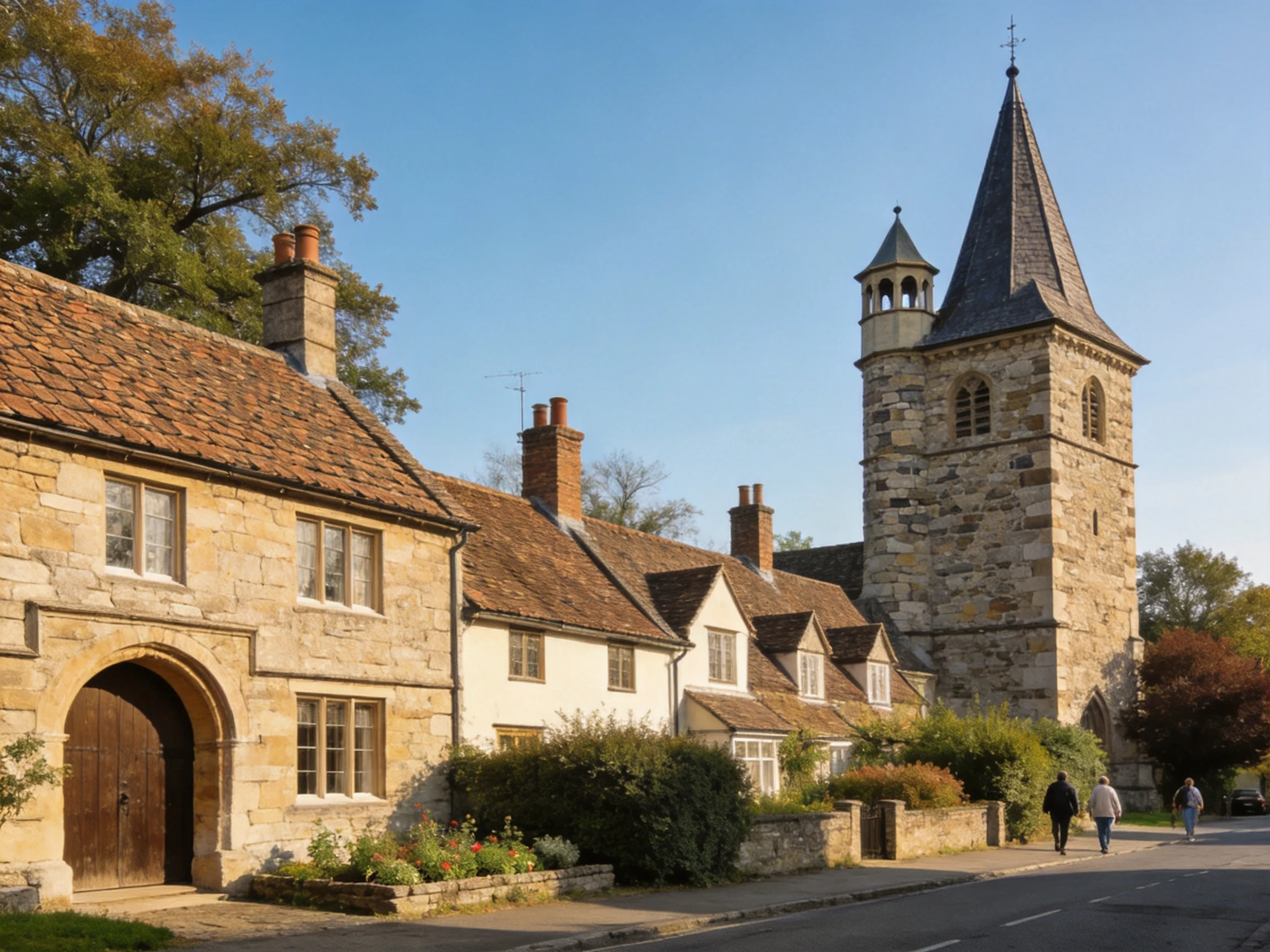 A historic stone village with a tall church tower and quaint cottages