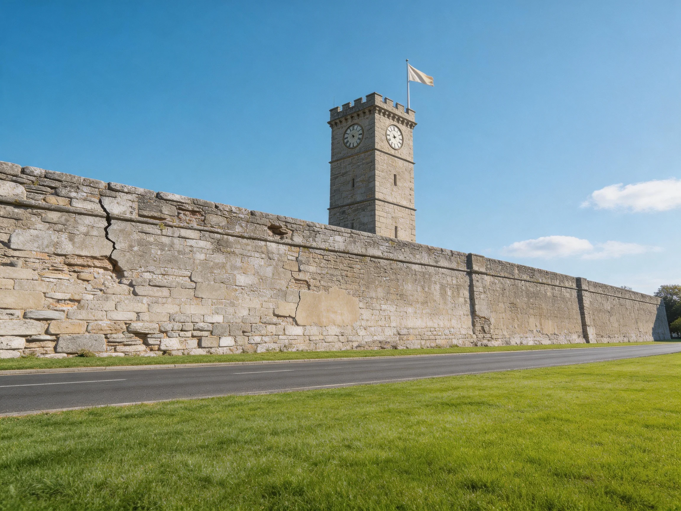 A historic stone wall with a clock tower under clear blue skies