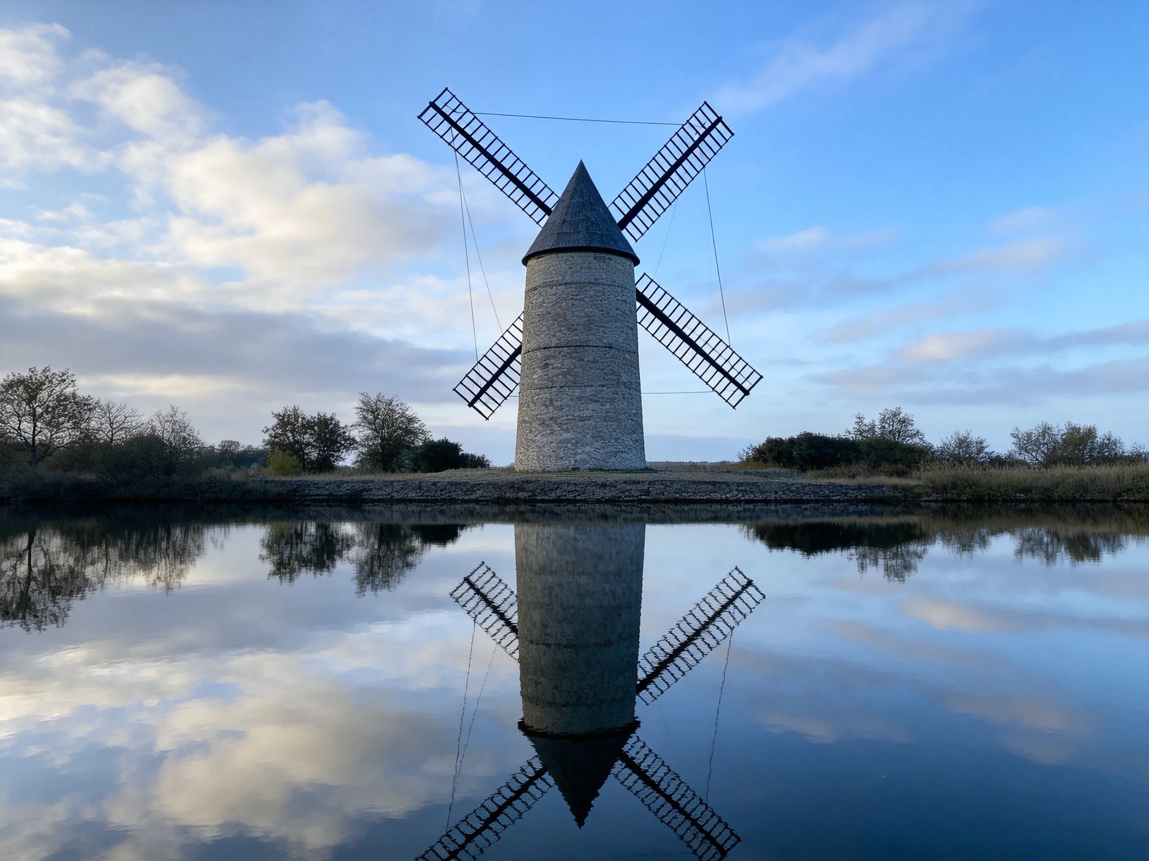 A historic stone windmill reflected in serene blue waters