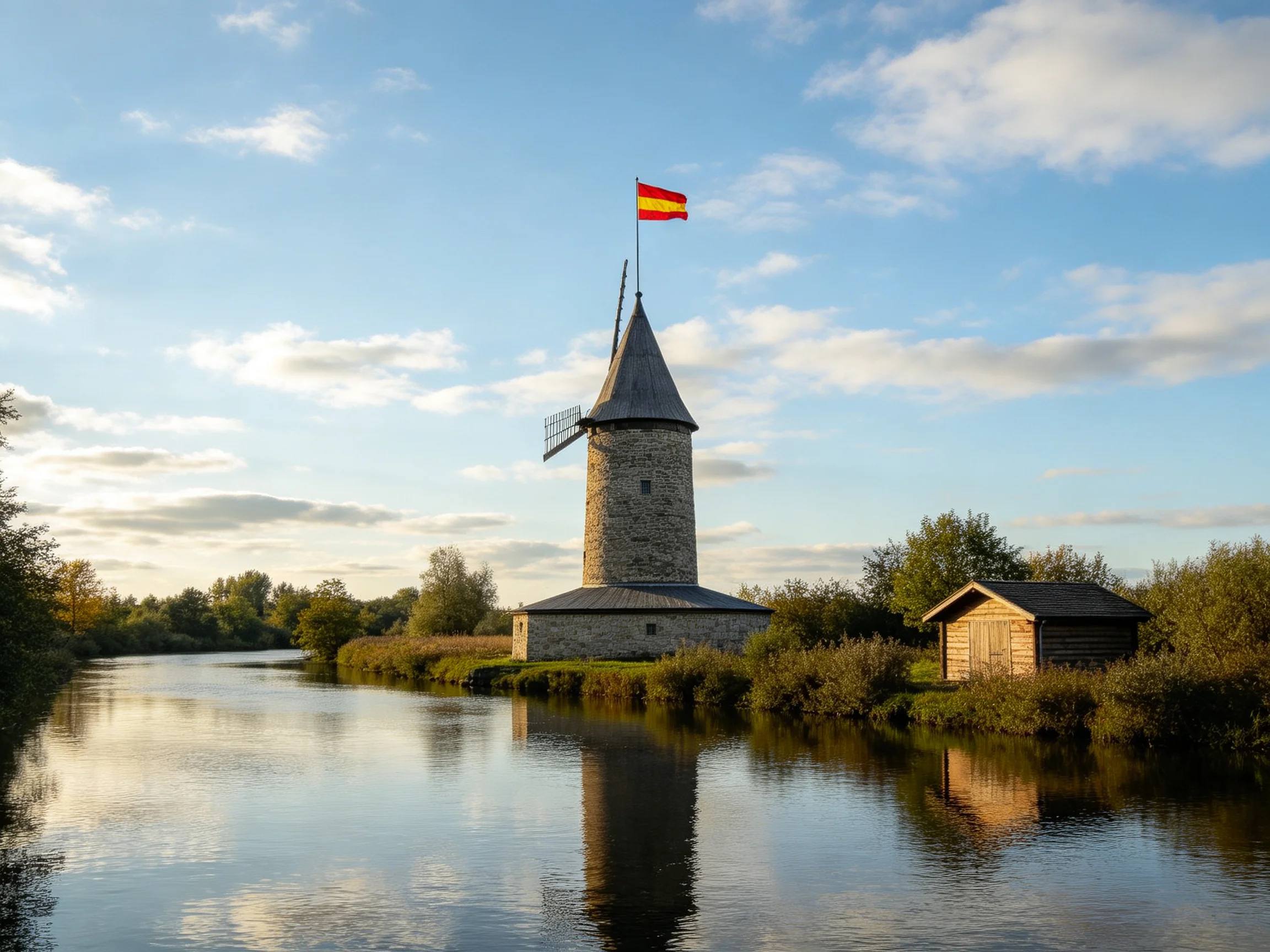 A historic stone windmill tower by calm waters with a red-yellow flag