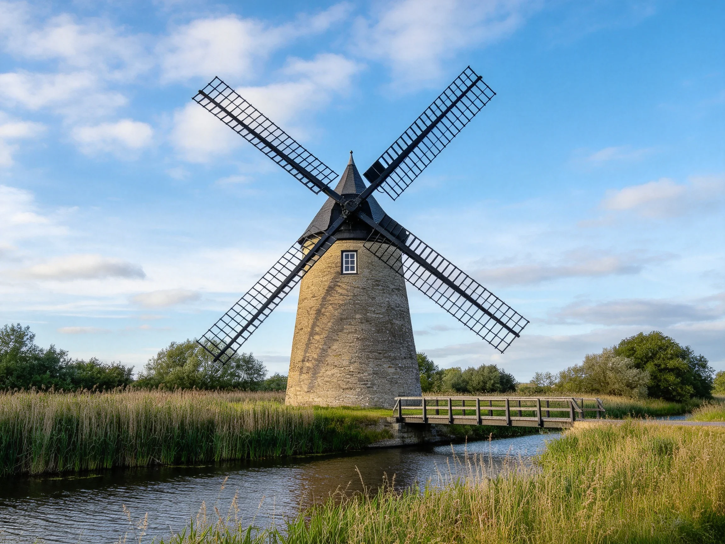 A historic stone windmill with black blades near a calm canal