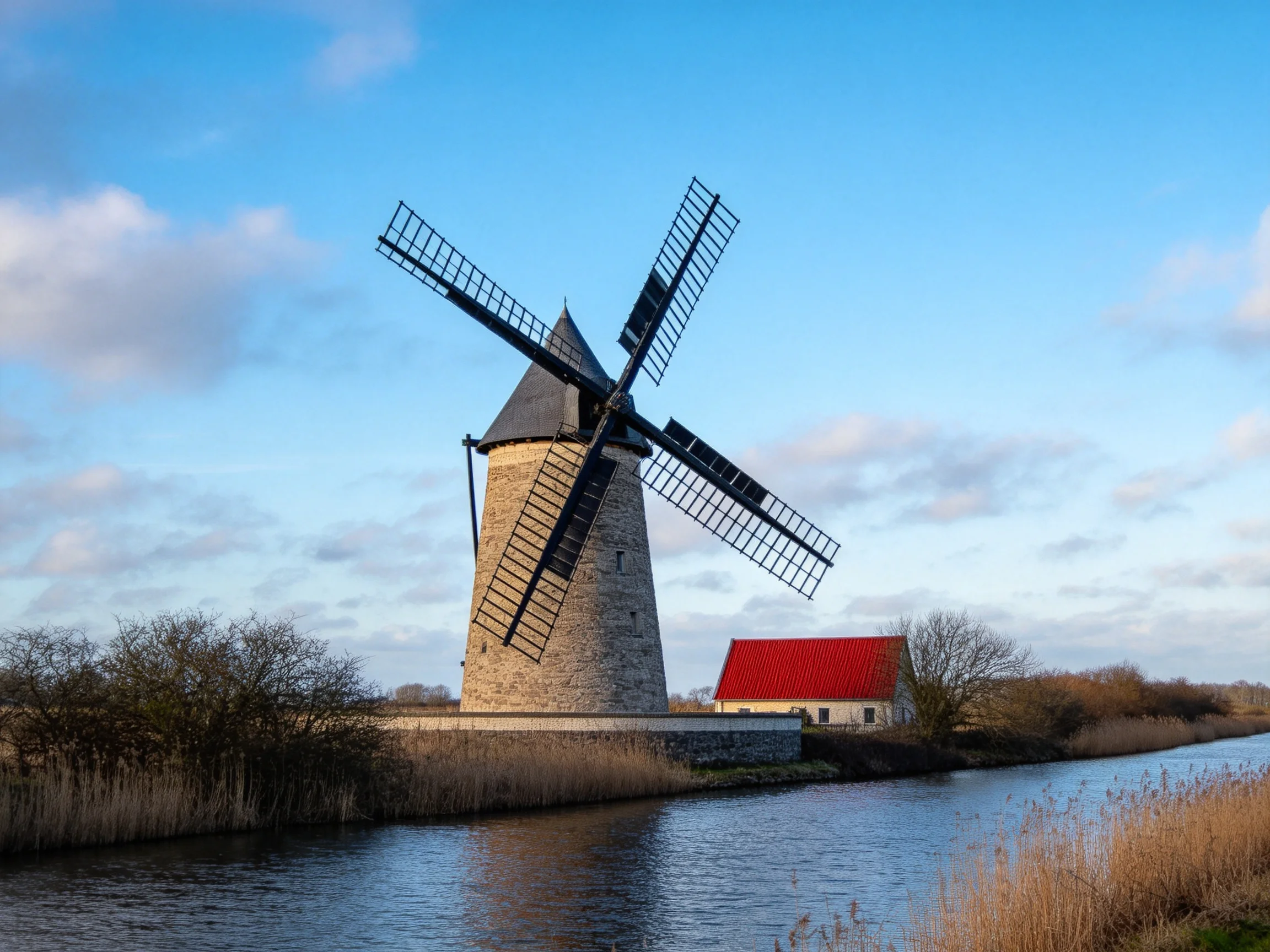 A historic stone windmill with black blades near a red-roofed house by a calm water canal