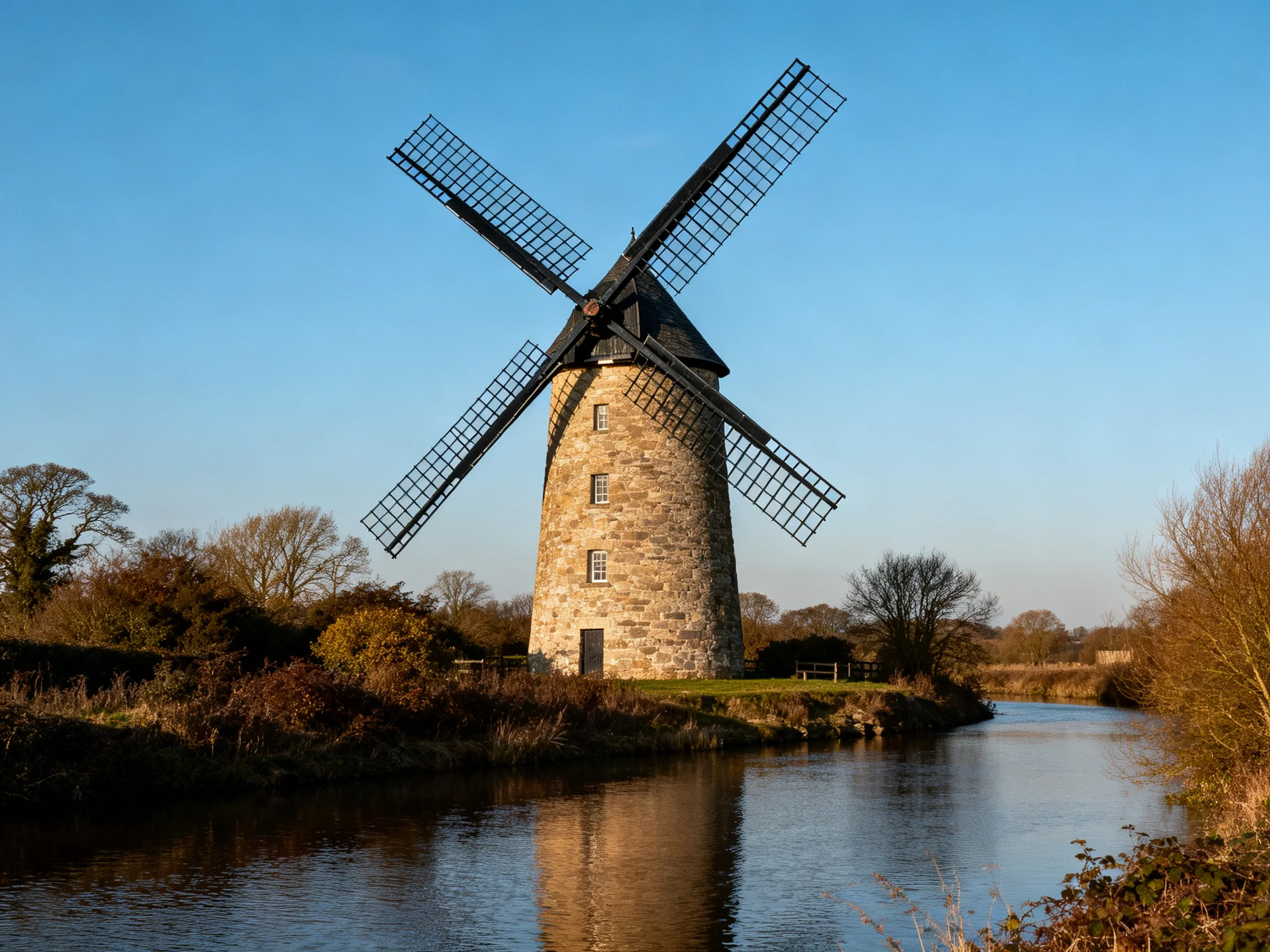 A historic stone windmillwith black blades beside tranquil water