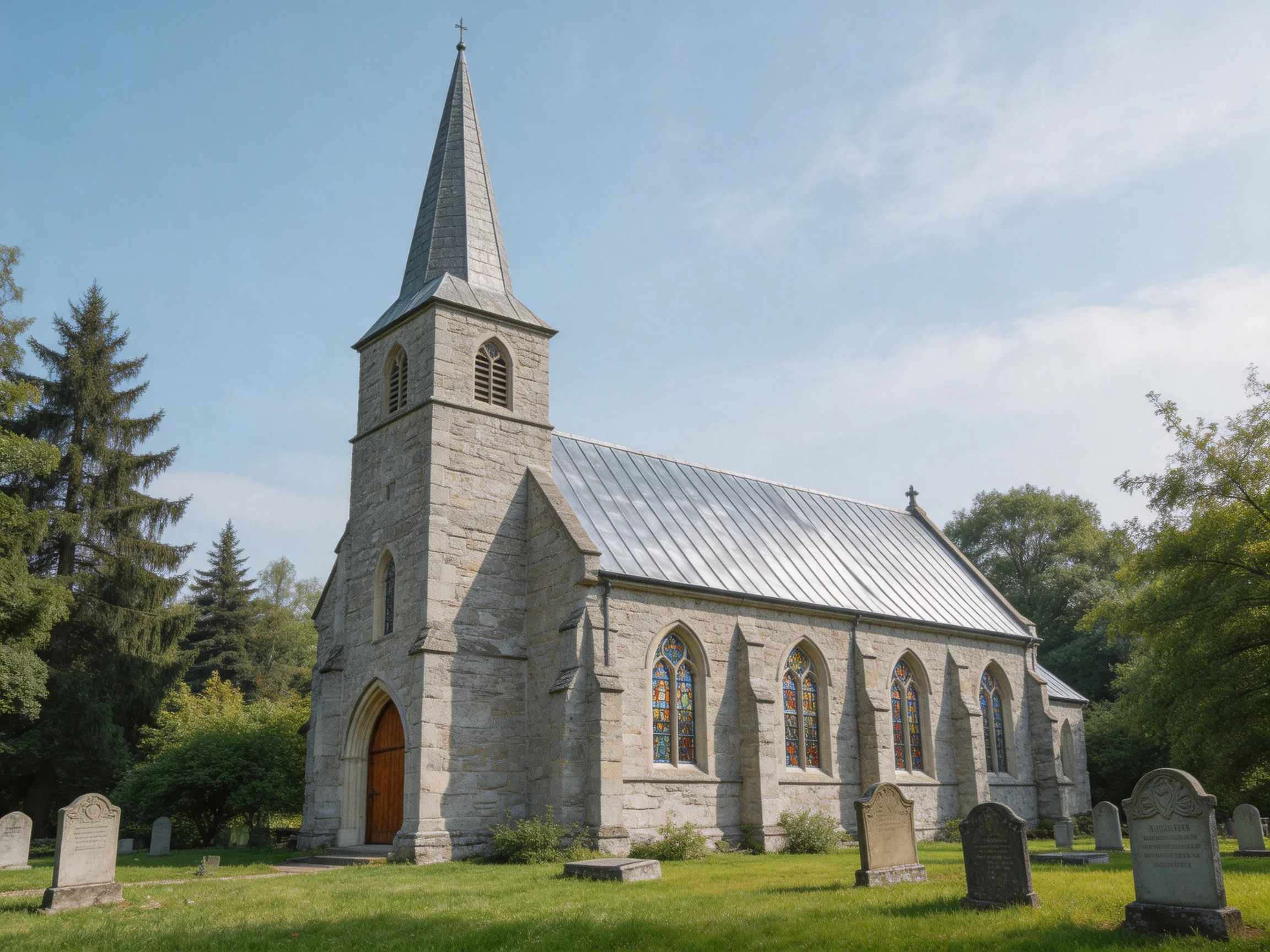 A historic stonechurch with a tall spire near a graveyard