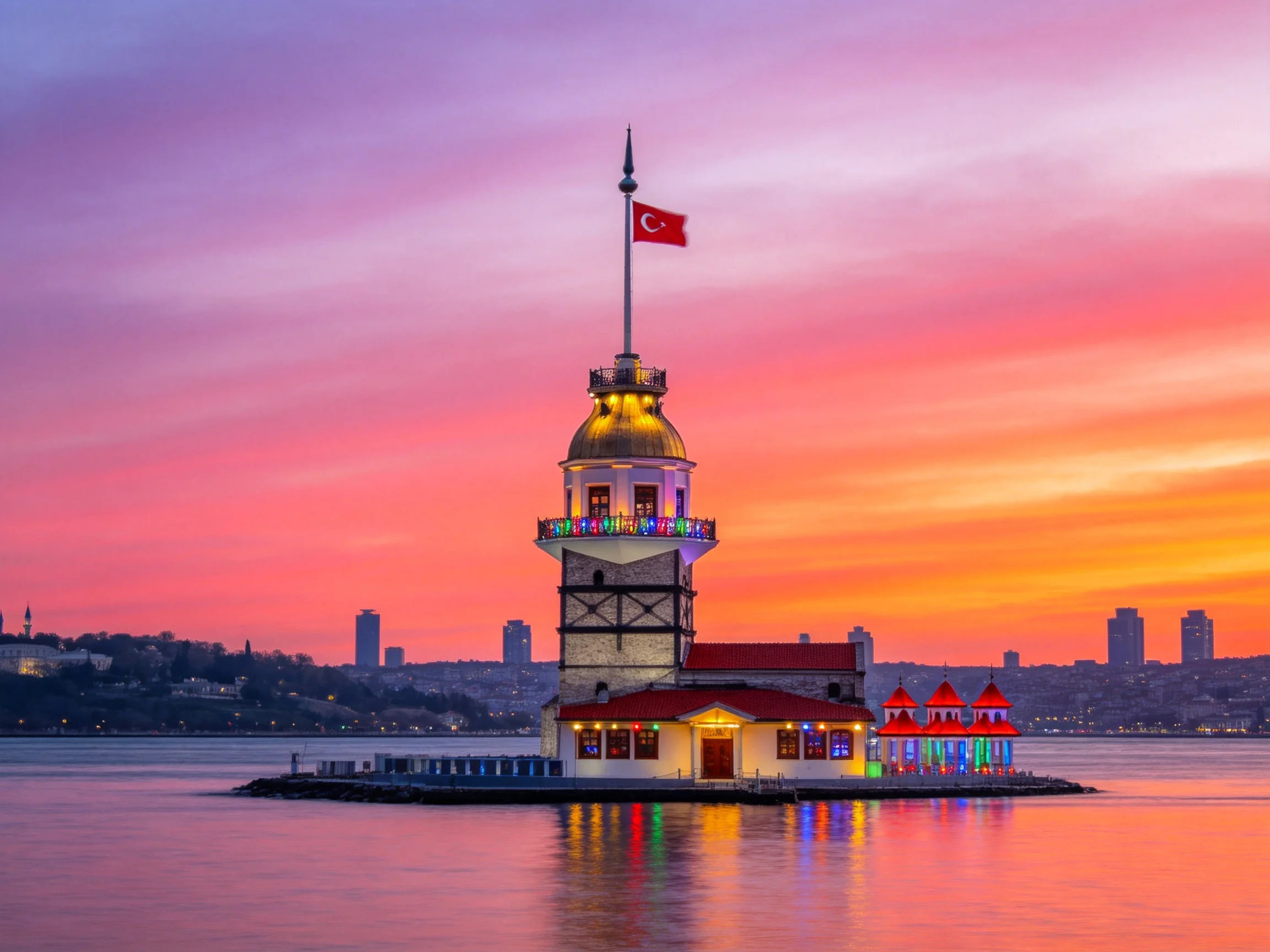 A historic tower with colorful lights on a small island at sunset