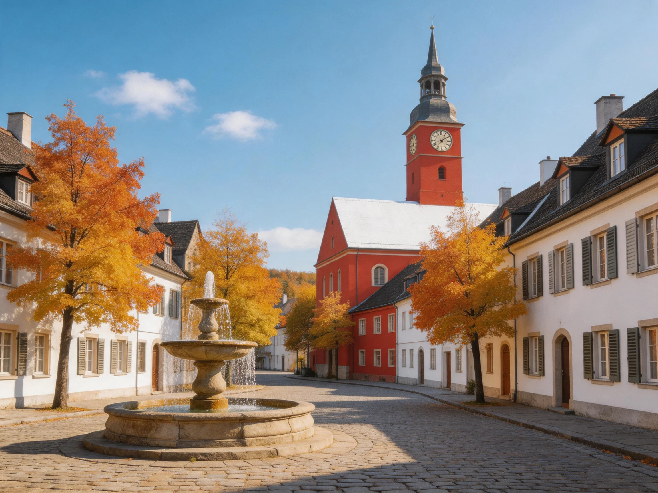 A historic town square with a red clock tower, autumn trees, and a stone fountain