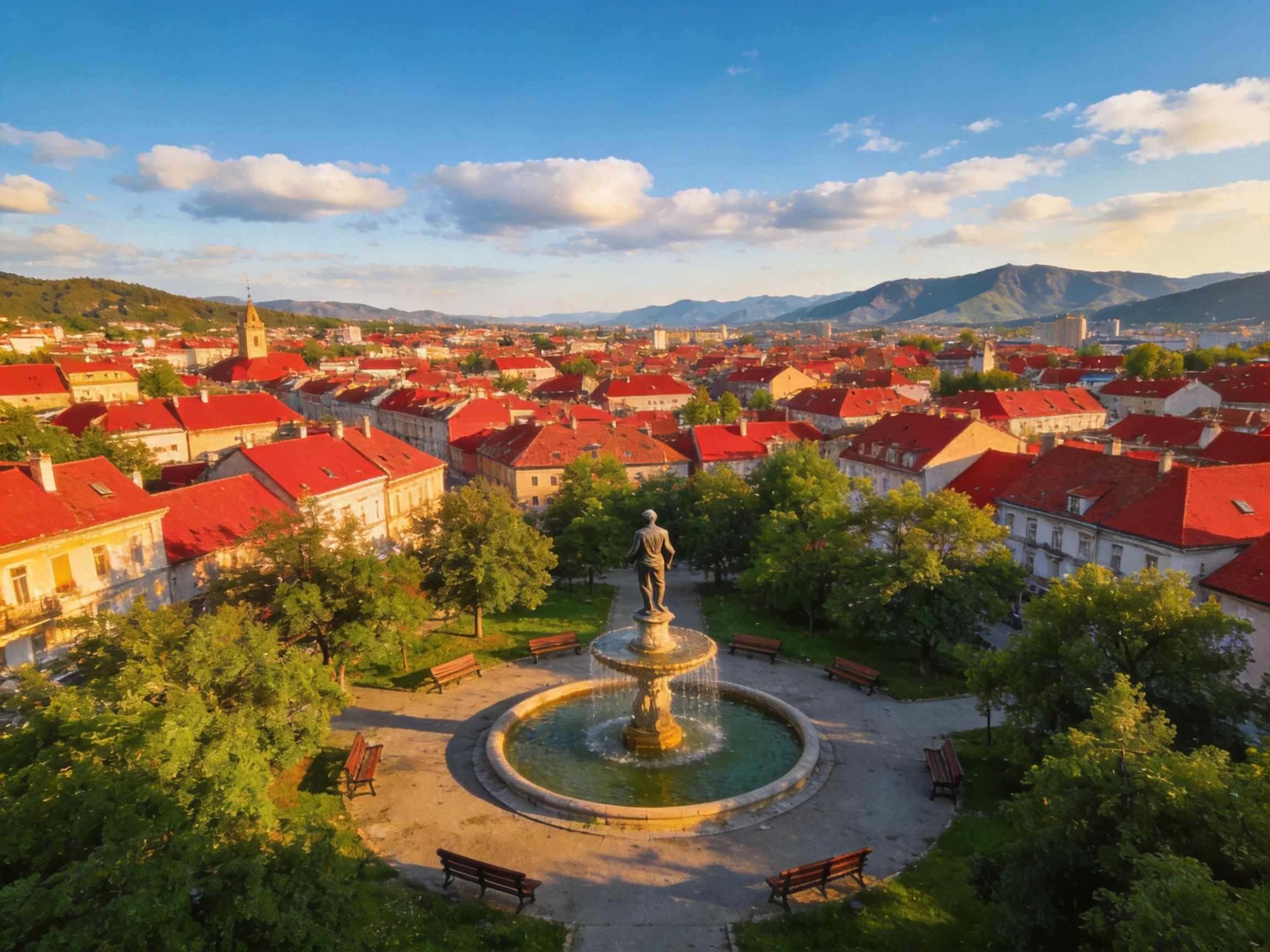 A historic town square with red-roofed buildings and a central fountain